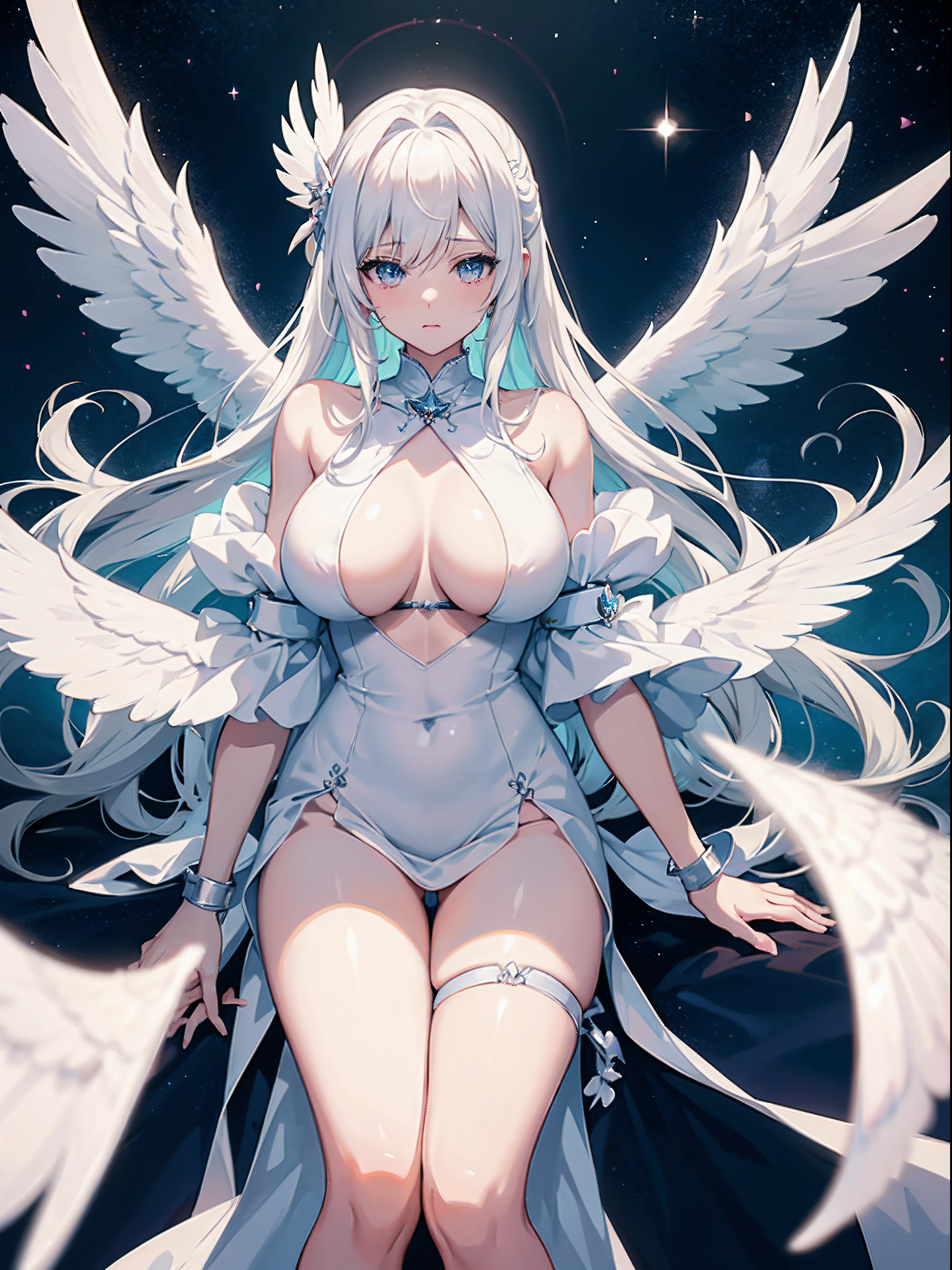 anime girl with angel wings flying in the sky, lewd anime goddes, of an beautiful angel girl, white haired deity, angel knight girl, beautiful fantasy anime, white wing, angel girl, full - body majestic angel, anime art wallpaper 8 k, angelic purity, cosmetic, universe, huge boobs, hentai