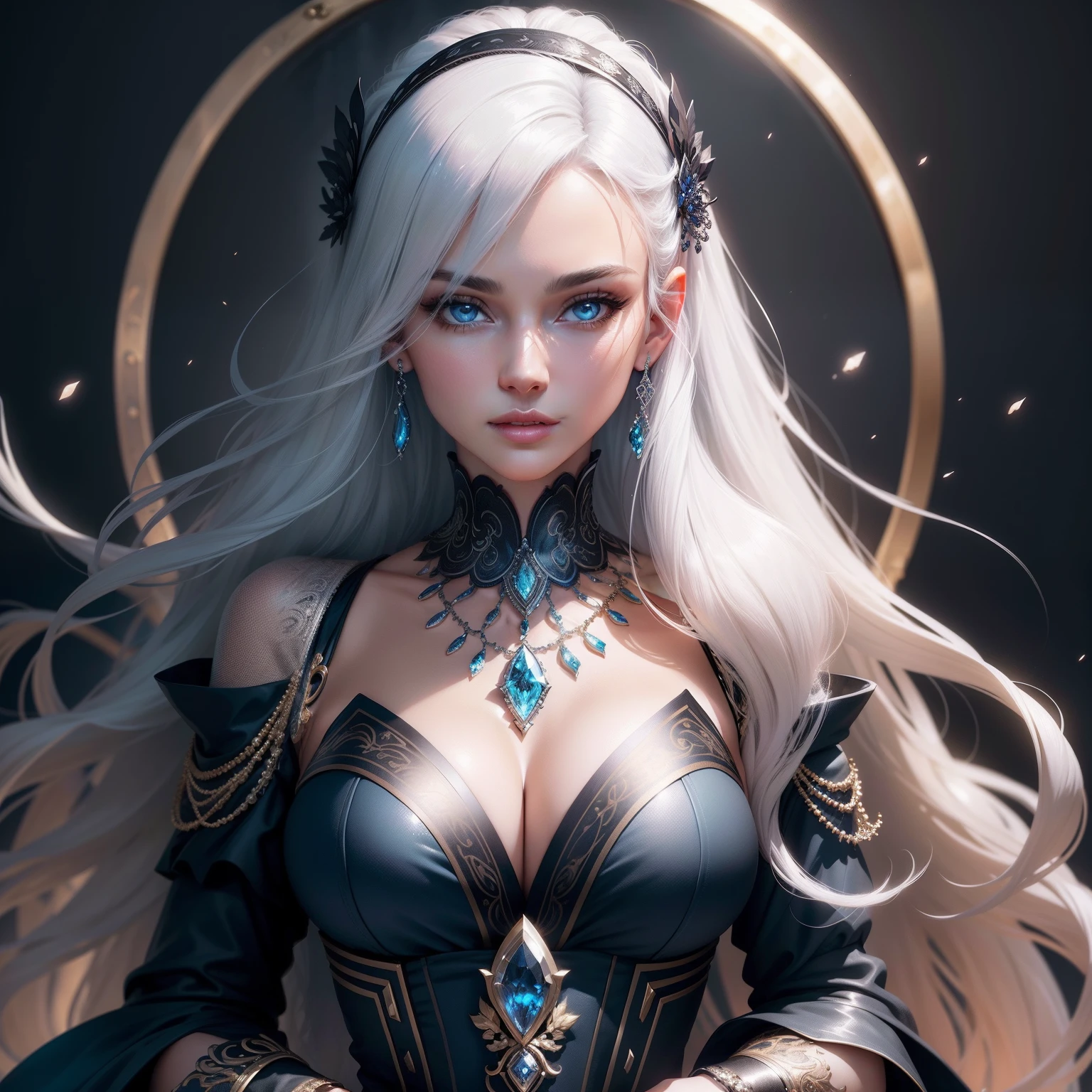 (High quality CG，rich details​，Complex and detailed：1.2)，Poster cover，Magazine background，Black and white hair color，woman，Nice face，Delicate face，Luxurious décor，Gemstone necklaces glow blue light，