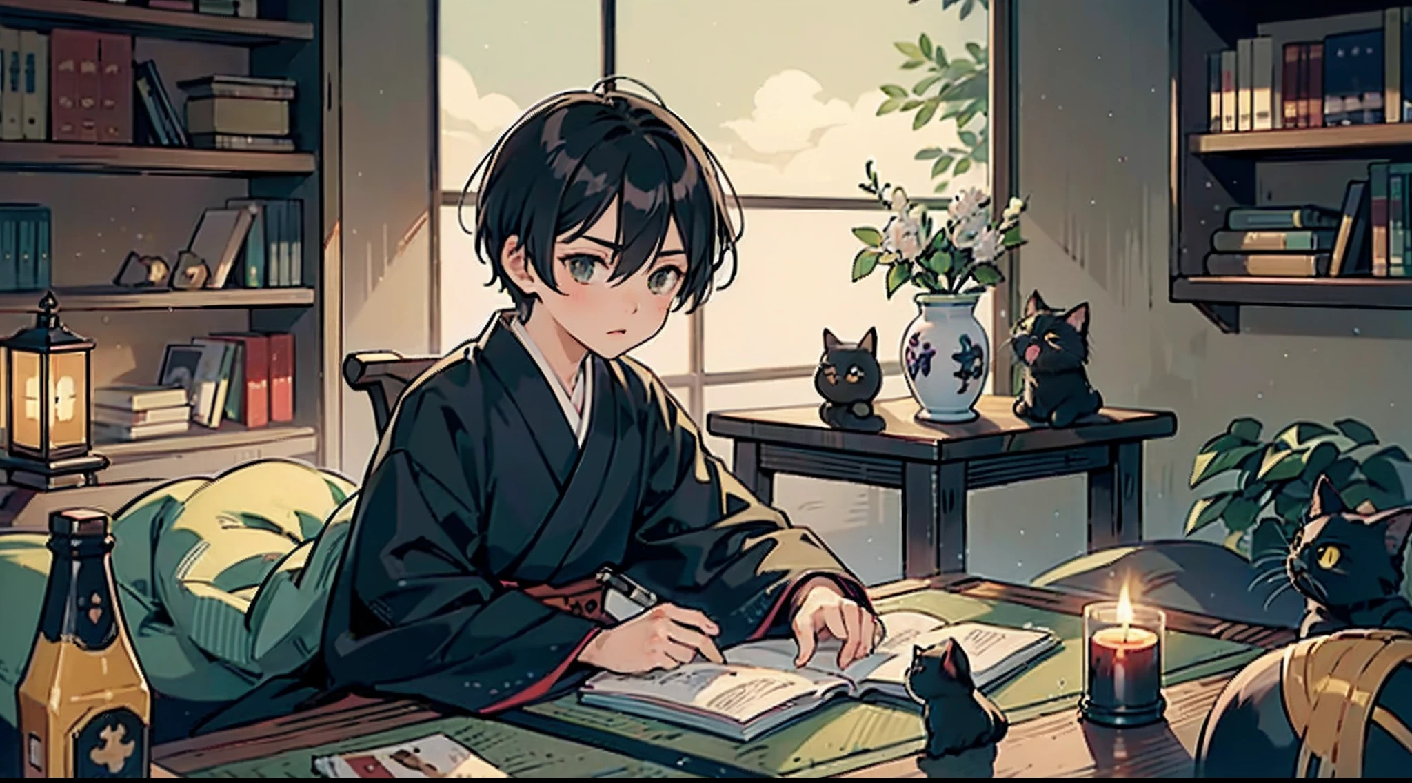 #Quality (intricate-detail、ultra-detailliert:1.2,Masterpiece),
#night sky (darkness of night,no light),
#one writing boy ( male、writer,Honor Students、A dark-haired、short-hair、hakama,sit flat),
#black room at night (no light,black cat,wooden low table,one candle,pretty tatami,a lot of books,bookshelf)