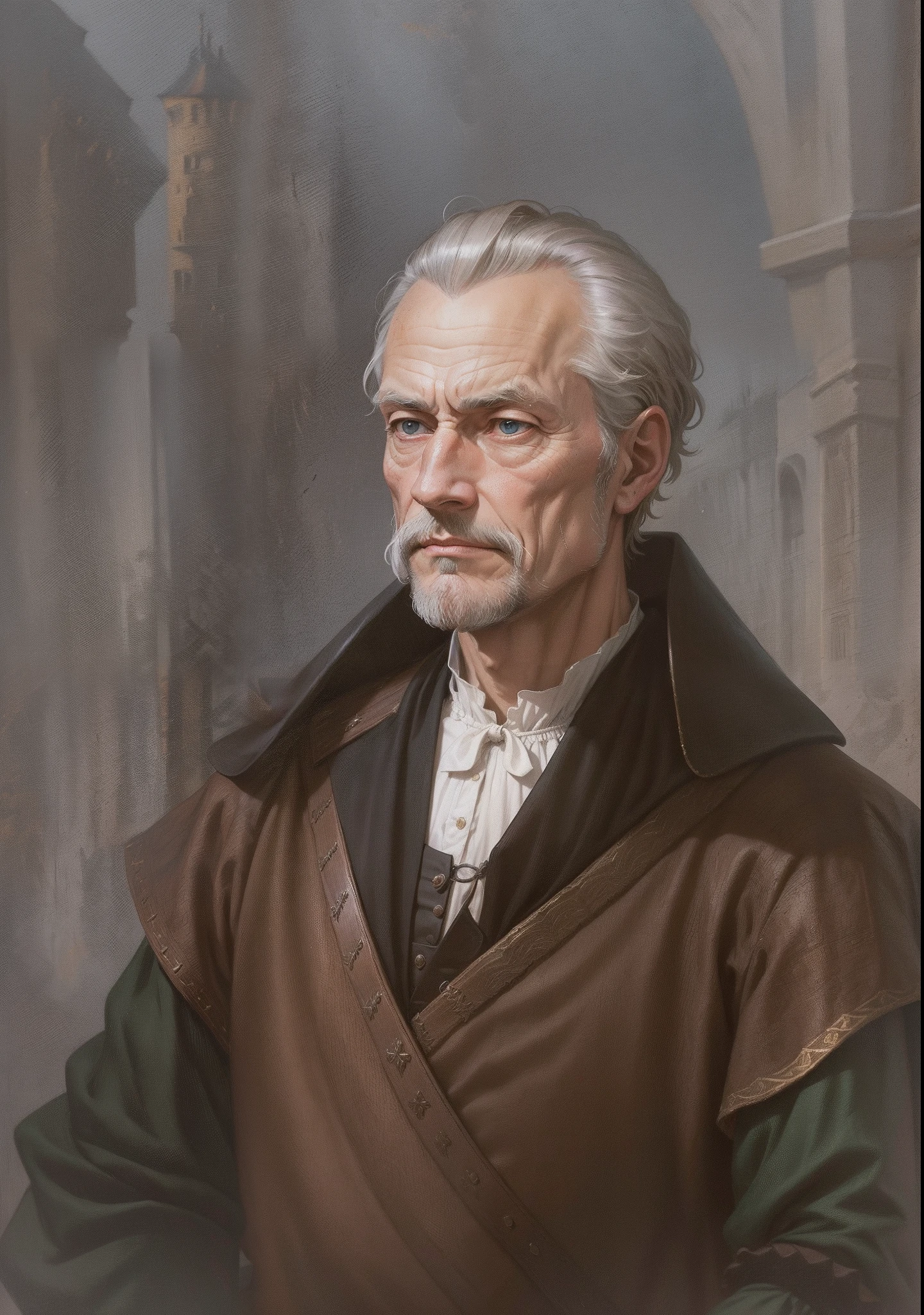 Jakob Fugger, entrepreneur, banker, merchant, German, Augsburg, 16th century, renaissance, age of exploration, 60 years old, old man, wrinkle, weak, greed, rich, luxurious, wealthy, affluent, determined, hostile,background is 16th century German Augsburg