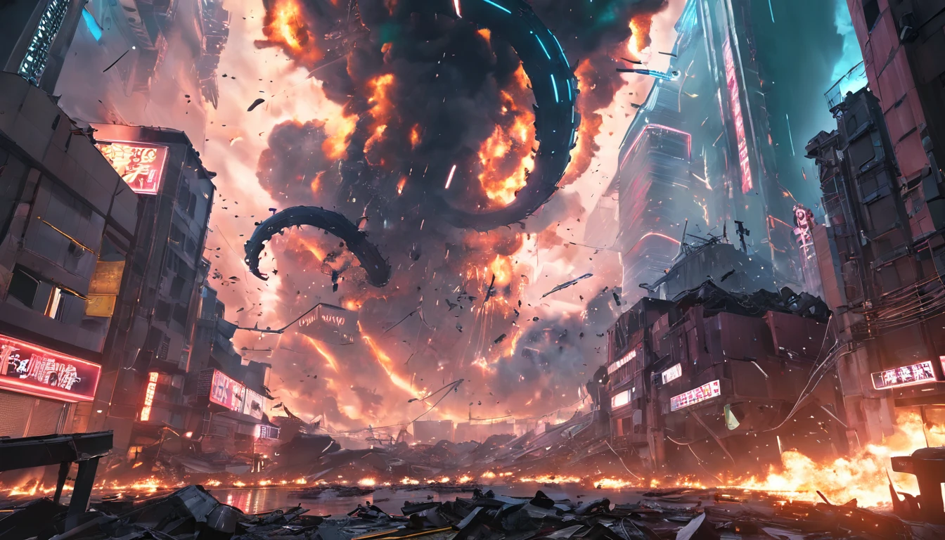 An invasion that fell from the sky, Floating snake mech, populous, ((Dutch camera bug eye view)), wide angles, chaos, Flying particles, Cyberpunk neon environment,Destruction smoke and explosions, Dystopian futurist, Rough and garbage, Photorealistic, (Best quality,Masterpiece), 超高分辨率, 4K, Highly detailed, Epic composition, Game splash screen