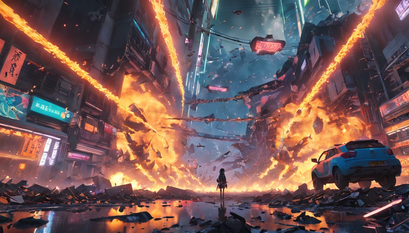An invasion that fell from the sky, Floating snake mech, populous, ((Dutch camera bug eye view)), wide angles, chaos, Flying particles, Cyberpunk neon environment,Destruction smoke and explosions, Dystopian futurist, Rough and garbage, Photorealistic, (Best quality,Masterpiece), 超高分辨率, 4K, Highly detailed, Epic composition, Game splash screen