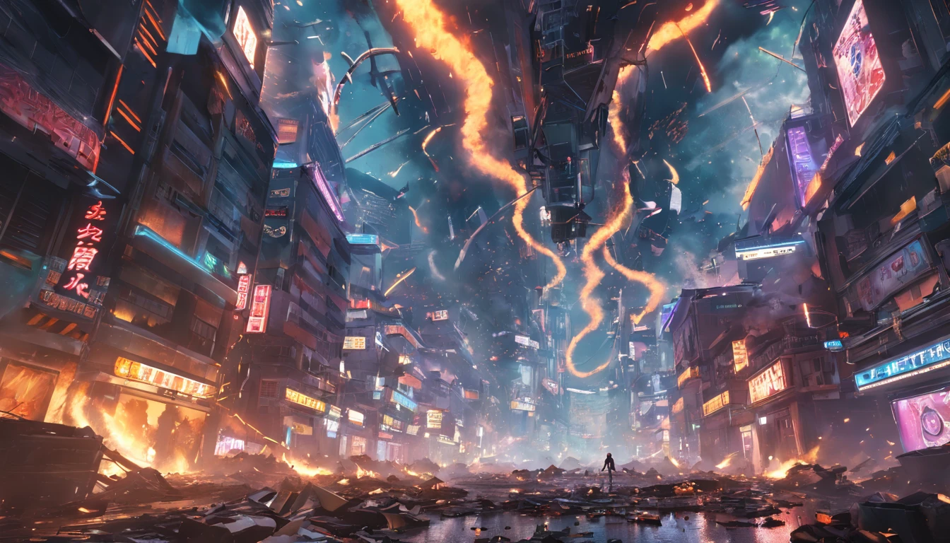 An invasion that fell from the sky, Floating snake mech, populous, ((Dutch camera bug eye view)), wide angles, chaos, Flying particles, Cyberpunk neon environment,Destruction smoke and explosions, Dystopian futurist, Rough and garbage, Photorealistic, (Best quality,Masterpiece), 超高分辨率, 4K, Highly detailed, Epic composition, Game splash screen