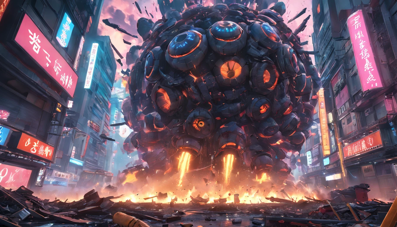An invasion that fell from the sky, Floating snake mech, populous,  ((Dutch camera bug eye view)), wide angles, chaos, Flying particles, Cyberpunk neon environment,Destruction smoke and explosions, Dystopian futurist, Rough and garbage, Photorealistic, (Best quality,Masterpiece), 超高分辨率, 4K, Highly detailed, Epic composition, Game splash screen