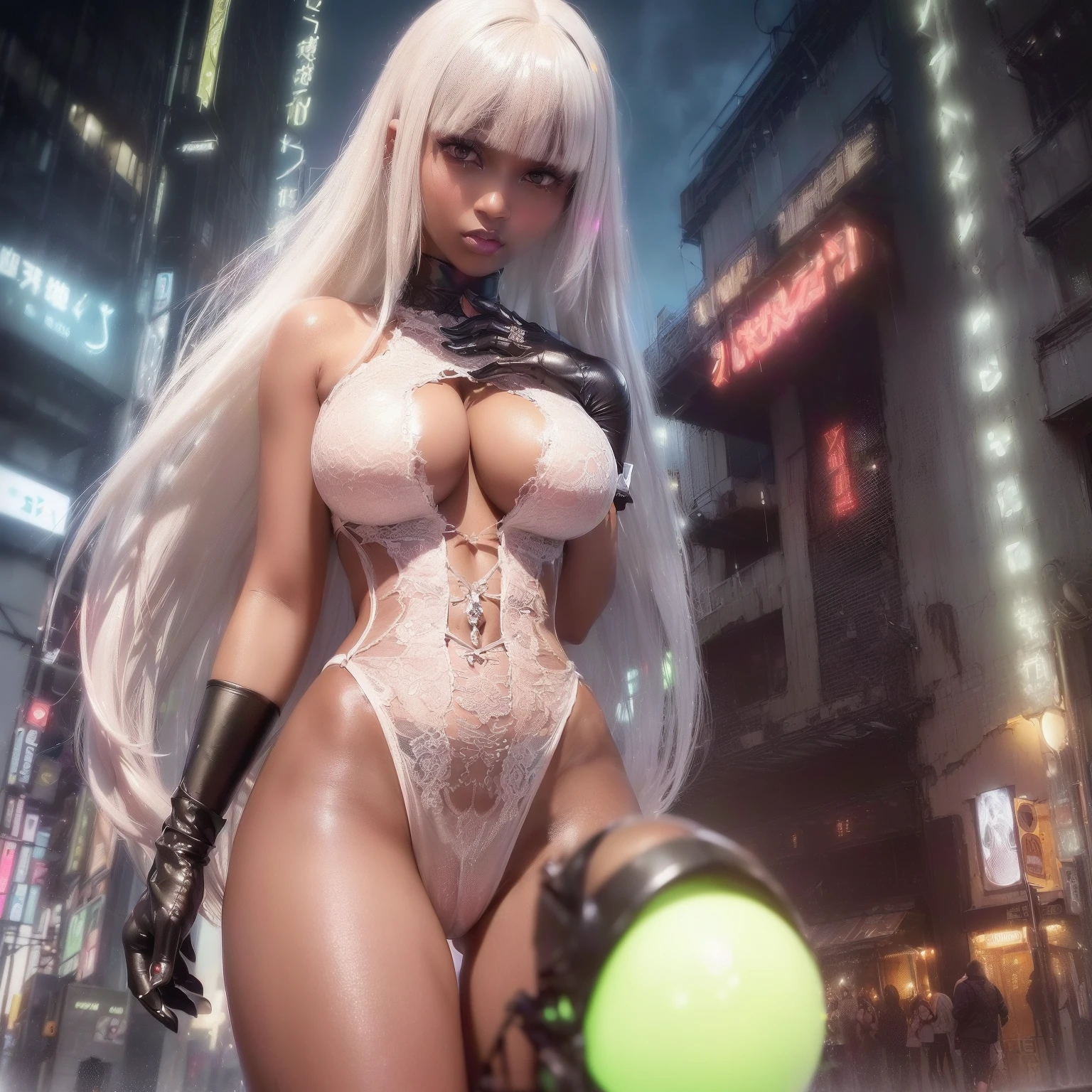 Dark skin,very dark skin,Dark_skin,
Girl Rave,(((1girl in))),((Very cute and beautiful white hair girl)),
(Large breasts:1.4),Saggy breasts,(((White hair:1.35,Straight hair,Long hair:1.4,Colored inner hair,Ear breathing))),((Very bright yellow eyes:1.3,upward-eyed:1.3,Perfect eyes,Beautiful detailed eyes,Gradient Eyes:1,finely detailed beautiful eye:1,Symmetrical eyes:1,big highlight on eyes:1.2)),((Fat)),((((Black Girl,Black skin,Dark-skinned_Female,Dark skin:1.3,ebony skin,Lustrous skin:1.5,bright skin: 1.5,Shiny skin,Very shiny skin,Shiny body,plastic glitter skin,exaggerated shiny skin,shiny skin like ebony,Illuminated skin, Wet legs))),(spider lower abdomen,Narrow waist,wide-hips,athletic bodies,inflated legs,delicate detailed fingers,Detailed body,Human Hands,(Detailed face)),Bright glow around the girl,Aura around the girl
cute,sluttish,Seductive,Erotic,(((NSFW))),
zettai ryouiki,Revealing clothing,Show skin,((Rave shirt with yellow print,Rave Miniskirt,Visible lace strap)),(Wearing a rave costume:1.3,Rave Clothing,seminude,with little clothing,),((Wet clothes,detailed costume,detailed clothes)),
(Dynamic Pose:1.0),Solo Focus,((Mischievous smile)),Centered,scale to fit the dimensions,thirds rule,
((((Seaside Cyberpunk City,Huge building,neon signs,puddles)))),Stormy sky,Threatening sky,dark clouds,((Synthwave Background Theme,Detailed background : 1.25)),((((Night,Nice lighting decoration,Detailed architecture)))),
(Best Quality),(High resolution),(Sharp Focus),(ultra-detailliert),(Extremely detailed),(Very high quality artwork),8K_Wallpaper,(Highly detailed CG in 8K),(Very fine 8K CG),((hyper super ultra detailed perfect piece)),flawless,(((masutepiece))),Illustration,Vibrant colors,(Convoluted),High contrast,Selective lighting,double exposure,nffsw (High dynamic range),Post-processing,Background blur,