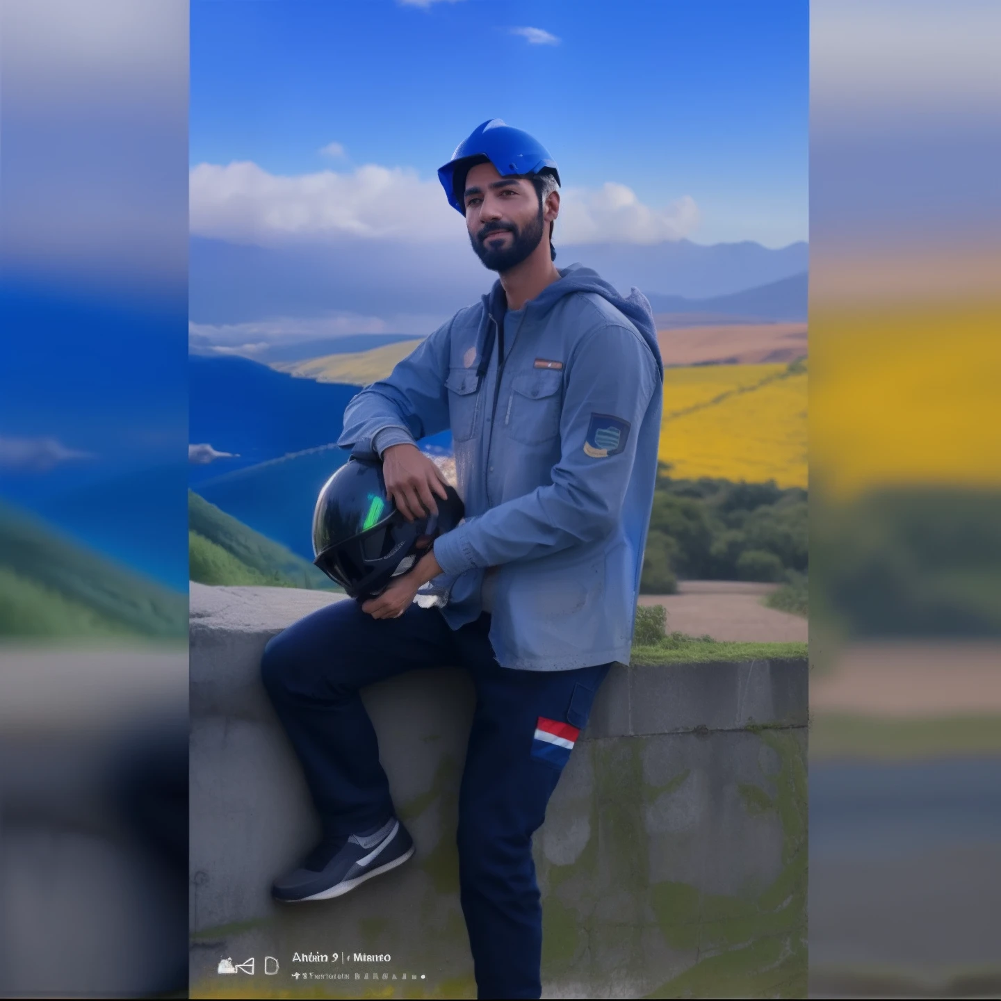 a man sitting on a wall with a helmet on his head, foto de perfil 1024px, Ash Thorp Khyzyl Saleem, imagem de qualidade muito baixa, com montanhas ao fundo, foto de perfil, com montanhas no fundo, Khyzyl Saleem, foto descoberta, Imagem, tiradas em 2022