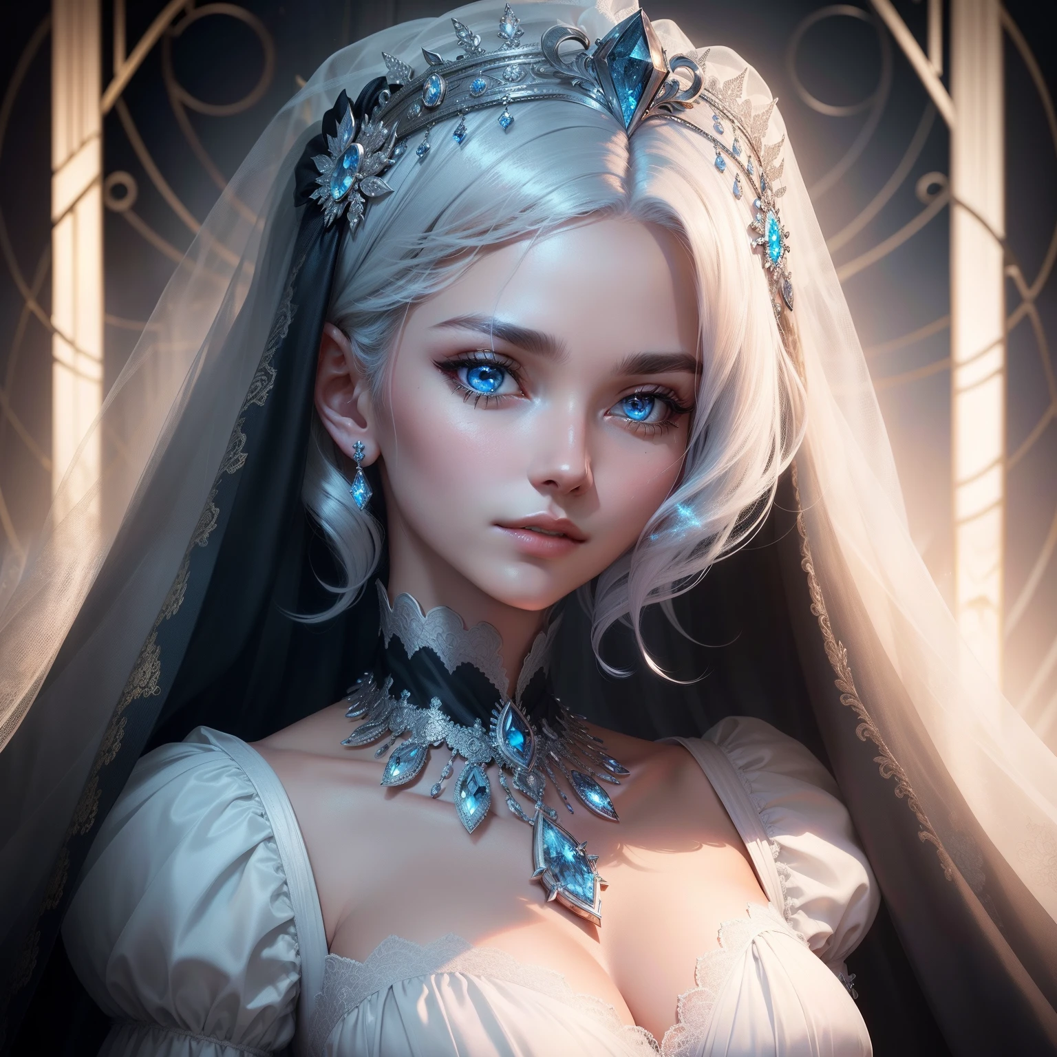 a beautiful young woman with long flowing silver white hair, extremely detailed face and eyes, small delicate breasts, looking directly at the viewer, intricate detailed portrait, oil painting, cinematic lighting, dramatic shadows, warm color palette, highly detailed, 8k, photorealistic, masterpiece
