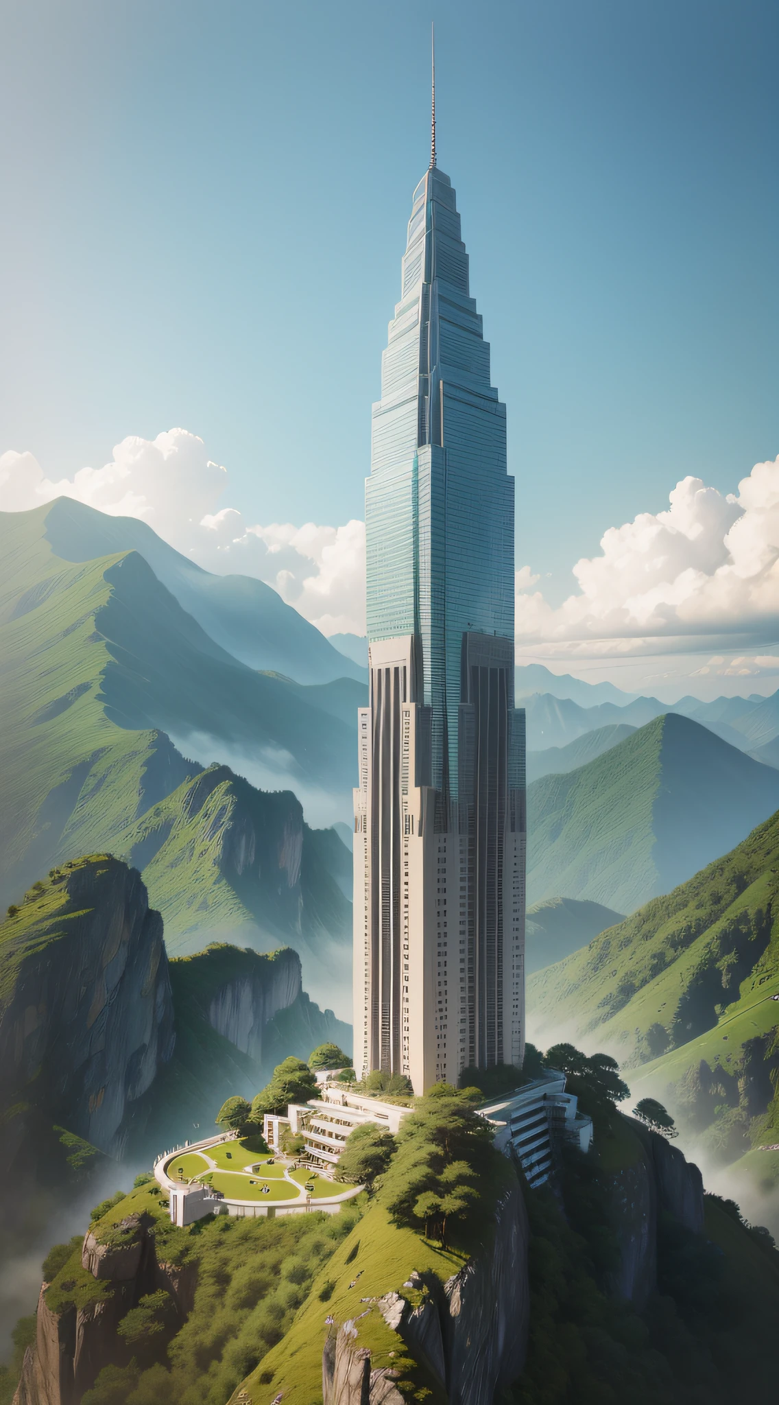 Ancient towering buildings，buliding，green mountains。
