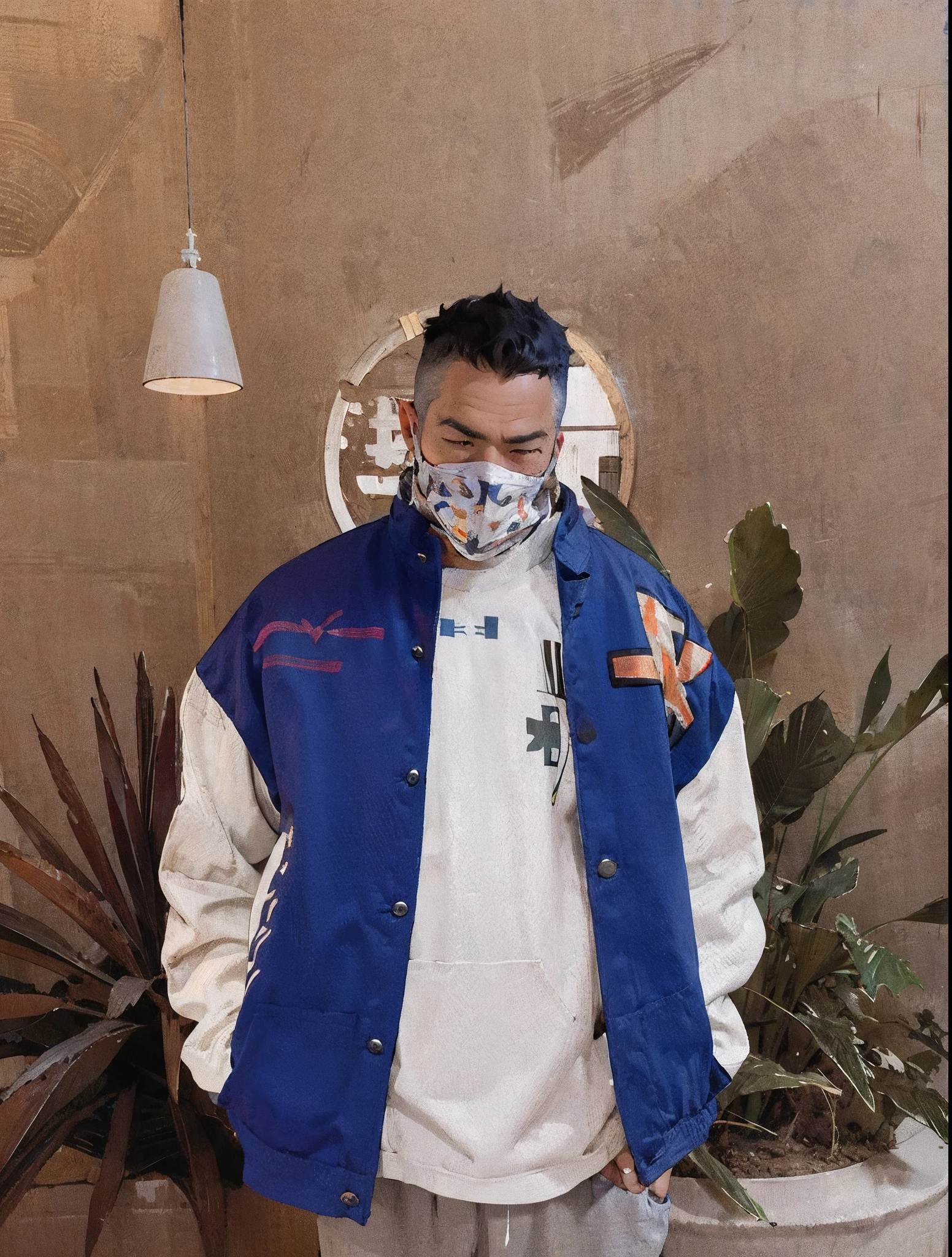 Arafeld man wearing mask and jacket stands in front of the plant, inspired by Gang Hui-an, Album art, wearing a fisher 🧥, hyper-detailing，best qualtiy，astounding，top Quority，the Extremely Detailed CG Unity 8K Wallpapers，cinmatic lighting，Cat fans，cyber punk perssonage，Dark Boy
