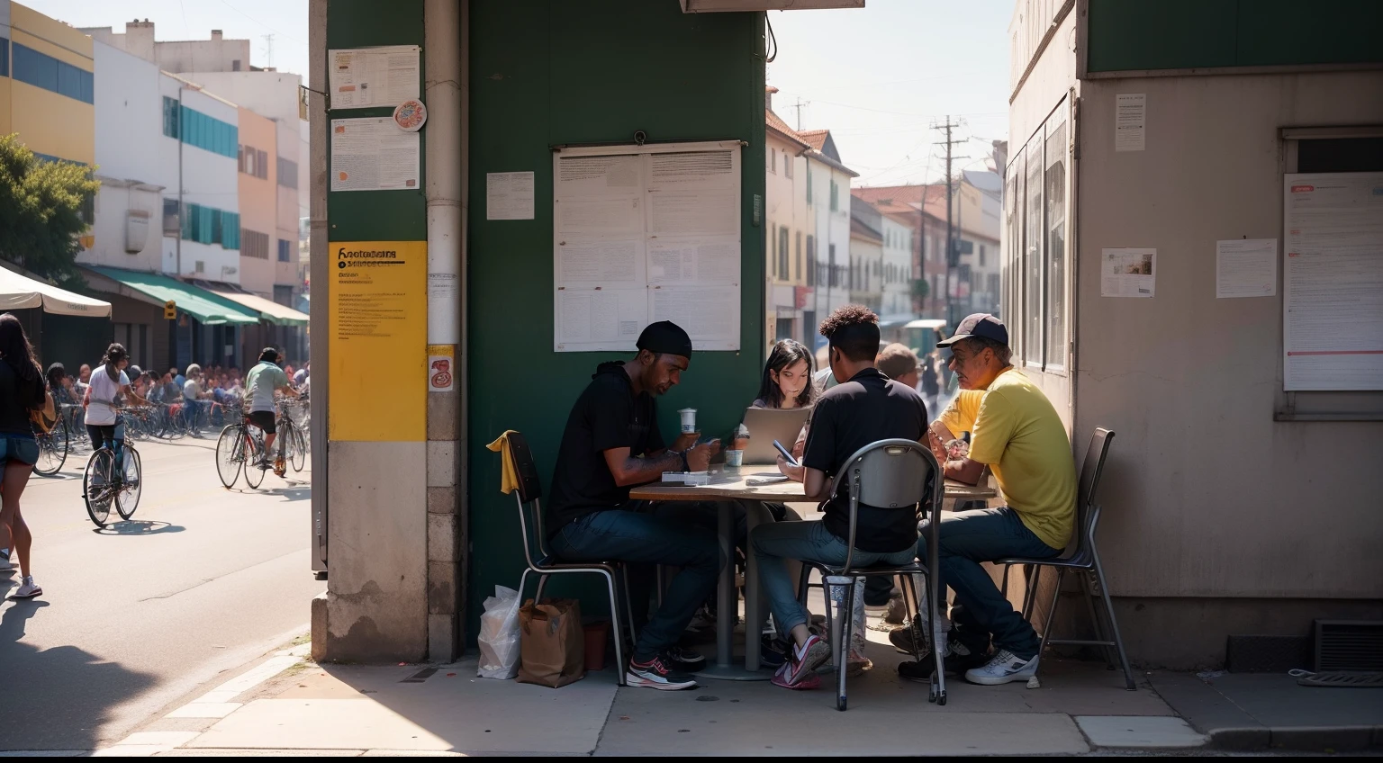 "Descreva uma cena vibrante de um dia agitado em uma cidade diversificada. Nas ruas movimentadas, People of different ages and backgrounds are immersed in their daily activities. In the central square, a group of students sitting in a circle, Open books and laptops ahead, are involved in a joint study, trocando ideias e debatendo animadamente. Next to them, em uma cafeteria aconchegante, A barista with a warm smile serves a cup of steaming coffee to a customer, enquanto outro trabalhador ocupa um canto, concentrado em seu laptop enquanto trabalha remotamente.
Around the square, A team of volunteers distributes meals and clothing to people in need, mostrando empatia e cuidado pela comunidade. A street artist creates a colorful painting on a nearby wall, bringing a touch of creativity to the urban scene. At the nearby metro station, A musician gently plays his guitar, enchendo o ambiente com uma melodia tranquila.
The streets are teeming with life and activity, com pessoas se cruzando em suas jornadas individuais, seja para o trabalho, School or service to the community. Explore the different stories and emotions of the people involved in each activity, capturing the energy and diversity of this urban scene full of purpose and action."