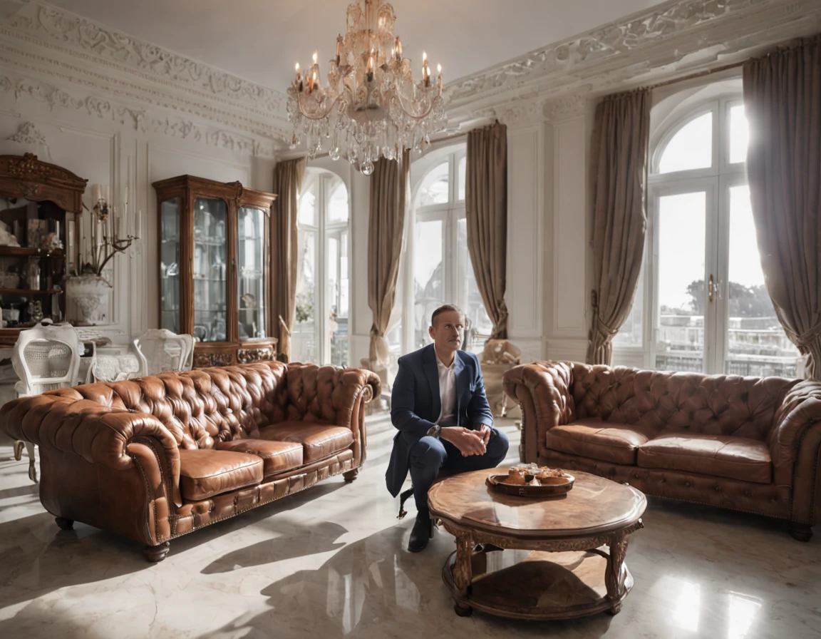 Brunette man sitting on leather sofa，I'm watching a TV show intently。Spacious and bright living room，A floor-to-ceiling window offers stunning beach views。Chandeliers hang in the air，Illuminates the marble floor。The picture is realistic，It gives a shock of wide-angle visual effects。