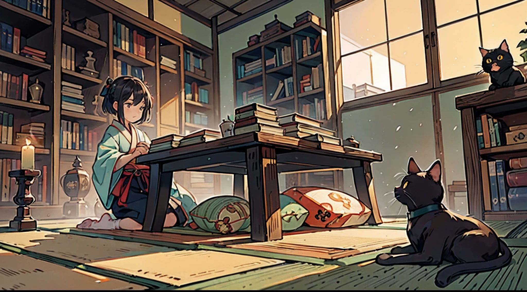 #Quality (intricate-detail、ultra-detailliert:1.2,Masterpiece),
#night sky (darkness of night,no light),
#one writing boy ( male、writer,Honor Students、A dark-haired、short-hair、hakama,sit flat),
#black room at night (no light,black cat,wooden low table,one candle,pretty tatami,a lot of books,bookshelf)