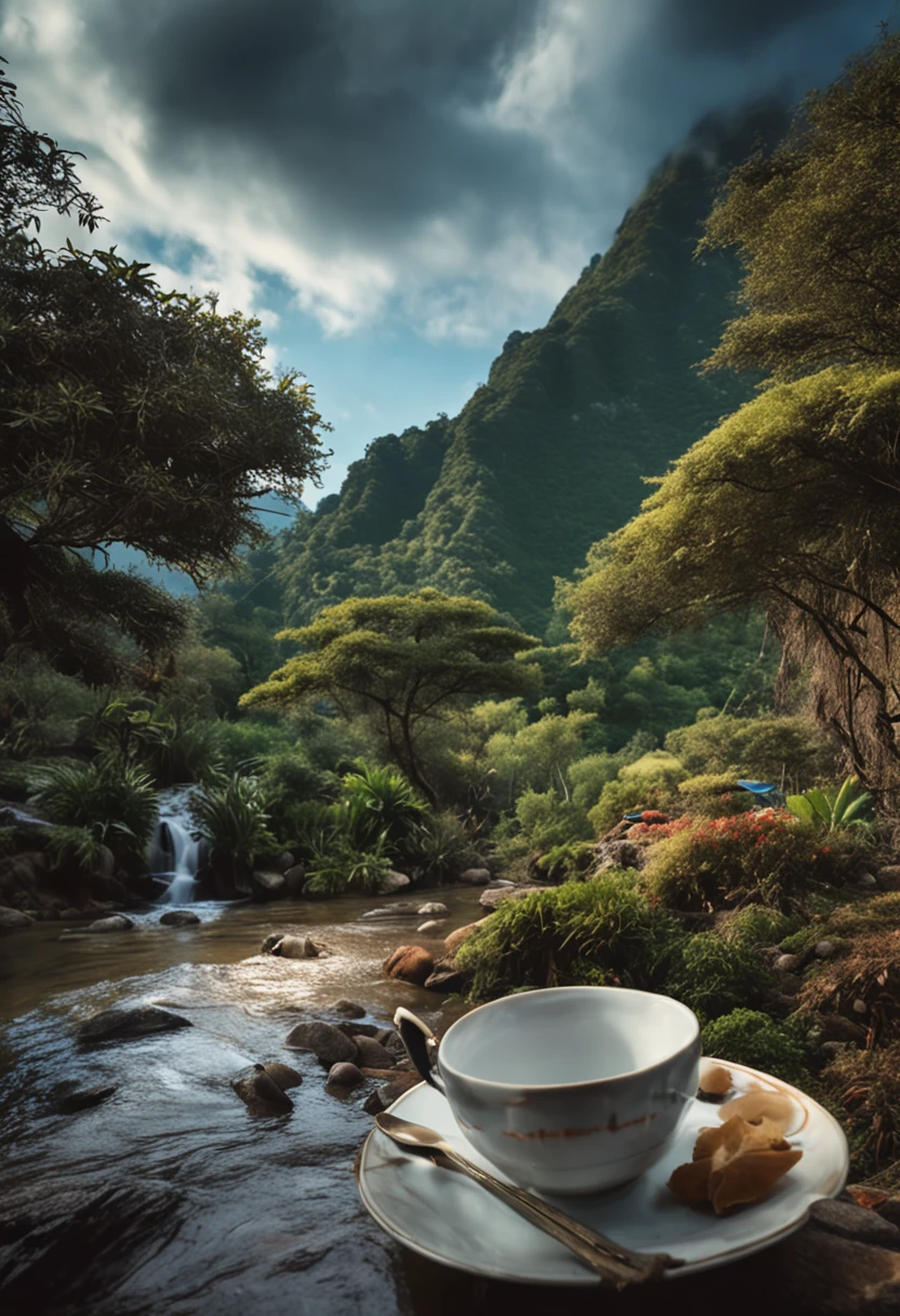 "picturesque landscape，Next to it there is a laurel crown accompanied by a steaming cup of coffee and a soothing cup of tea in the majestic Yunnan mountains."