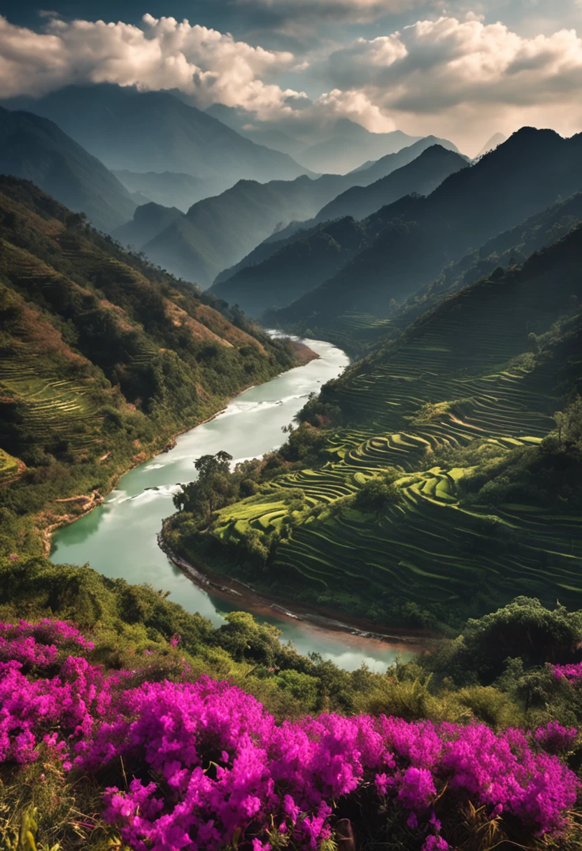 "picturesque landscape，Next to it there is a laurel crown accompanied by a steaming cup of coffee and a soothing cup of tea in the majestic Yunnan mountains."