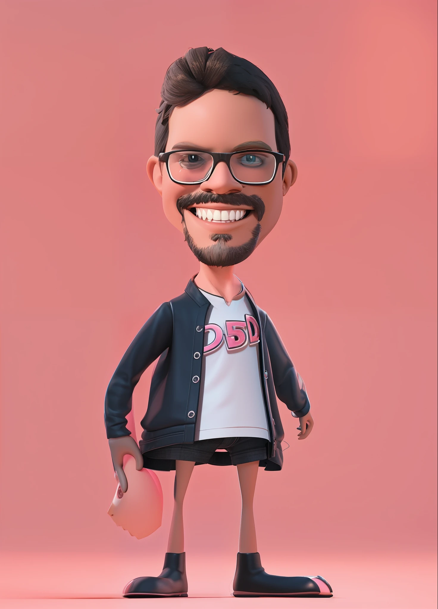 repintar area selecionada: 3d style of Pixar cartoons, in black long line shirt, smiling at camera, soft pink background, Funny cartoon in Pixar style, 3d, Cinema 4D, (Pixar Character Style: 1.8).