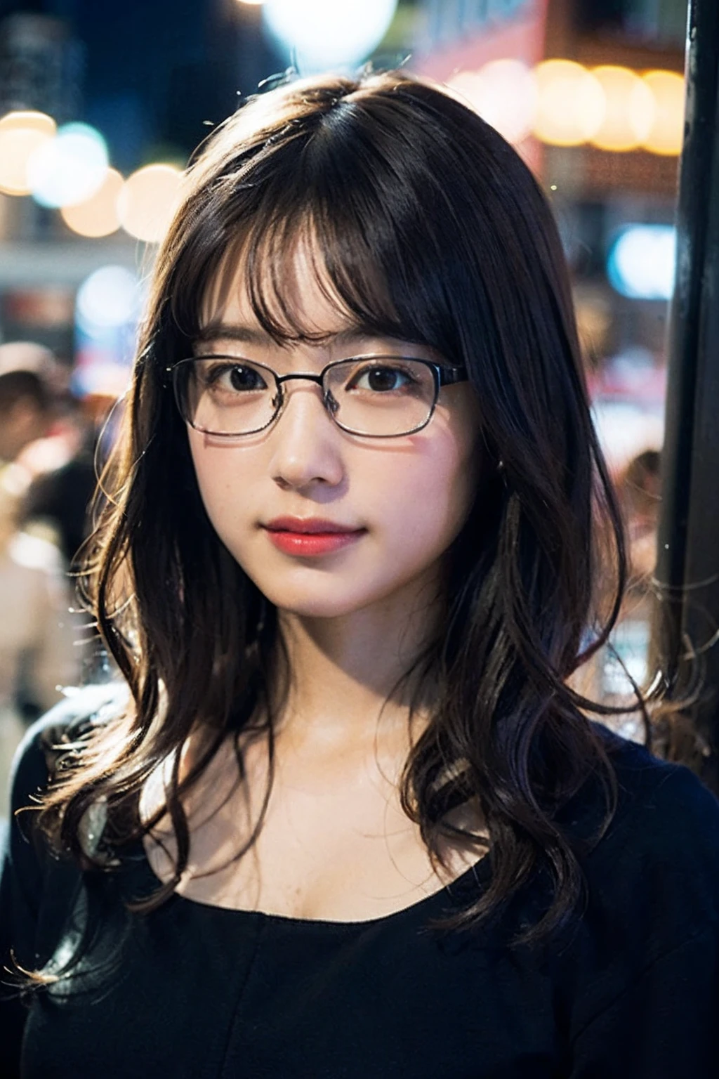 (8K、Raw photography、top-quality、masterpiece:1.2)、(realisitic、Photorealsitic:1.37)、ultra-detailliert、超A high resolution、女の子1人、see the beholder、beautifull detailed face、A smile、Constriction、(Slim waist) :1.3)、Autumn clothes、Beautiful detailed skin、Skin Texture、Floating hair、((Curly hair))、Professional Lighting、In the city at night、((Black square glasses ))、Whole human body、Brown hair