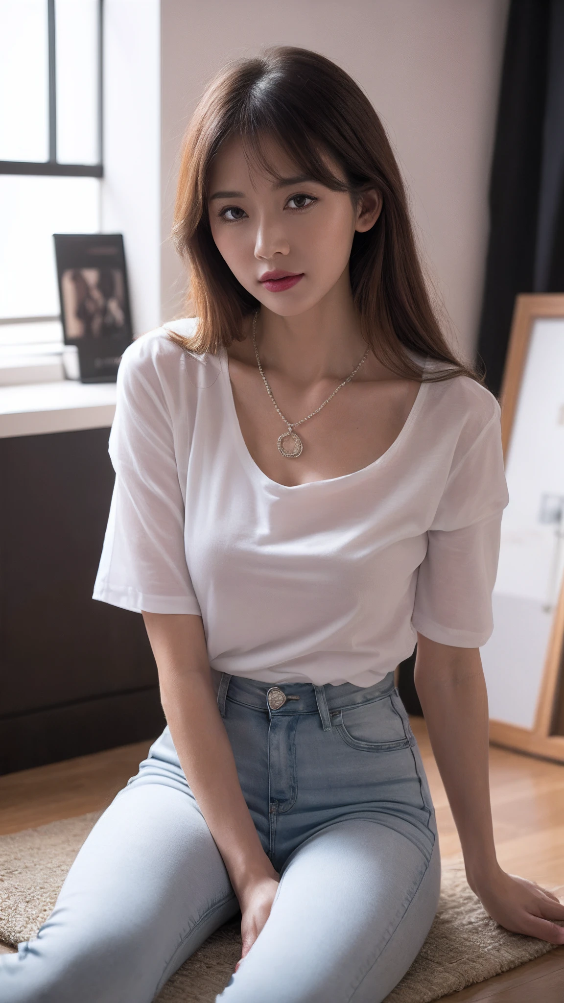 masterpiece,best quality,highly detailed,cinematic lighting,ray tracing,available light,film composition,CG,game cg, blunt bangs,extremely detailed eyes and face,prefect face,shiny skin,big eyes,Look at the audience,beautifly, very long hair, UHD,8k,light grey hair, (game cg),pink eyeshadow, crew neck, scoop neck, corset,medium breasts,slimification, oval face,collarbone, star necklace,pink flower,skinnyjeans,1girl,medium breasts, long hair, bangs, straight hair, shiny skin, tank top, full body,