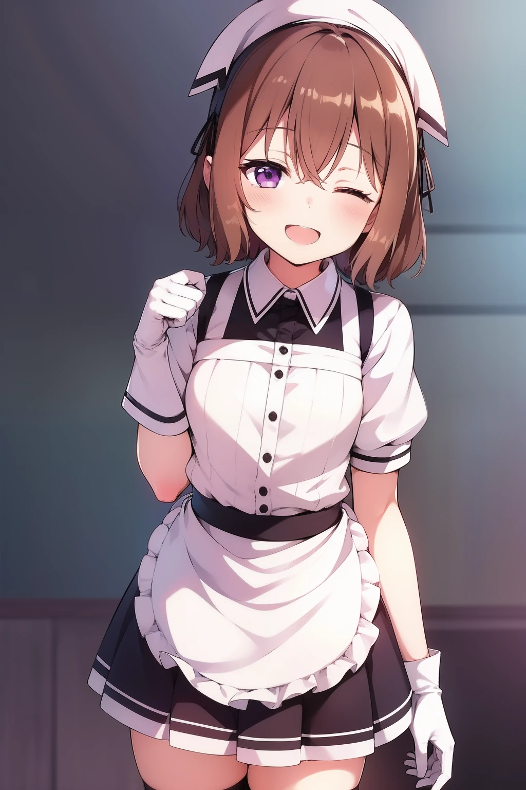 1girl, ;d, apron, blend_s, brown_hair, commentary_request, gloves, hat, highres, hoshikawa_mafuyu, looking_at_viewer, one_eye_closed, open_mouth, purple_eyes, short_hair, sincos, smile, solo, standing, stile_uniform, waitress, white_background, white_gloves, white_headwear