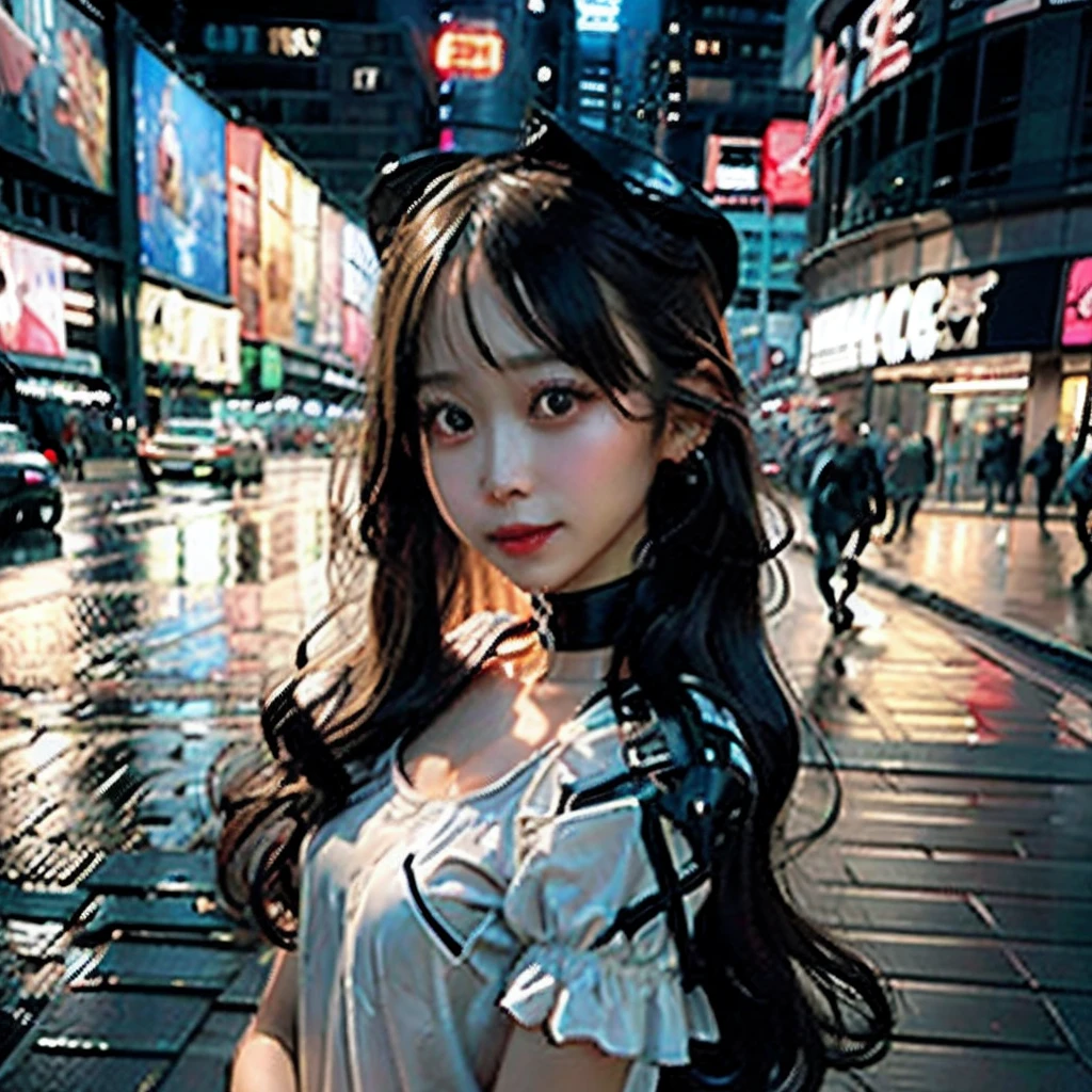 ((best quality)), ((masterpiece)), (detailed), 1girl, sexy,cyber punk,The background is a futuristic city after the rain,smiling,face up,