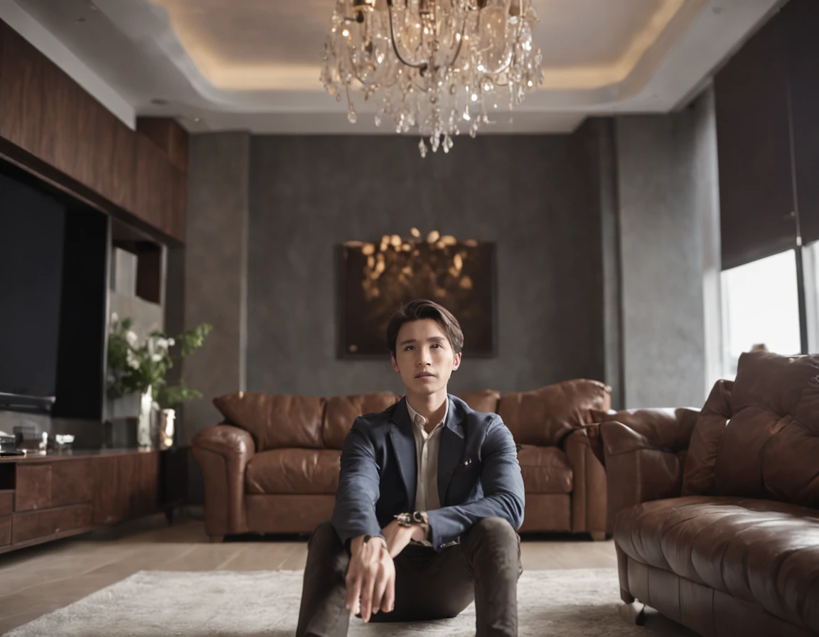 Brunette man sitting on leather sofa，Back Shadow,I'm watching a TV show intently。TV appears,Spacious and bright living room，A floor-to-ceiling window offers stunning beach views。Chandeliers hang in the air，Illuminates the marble floor。The picture is realistic，It gives a shock of wide-angle visual effects。