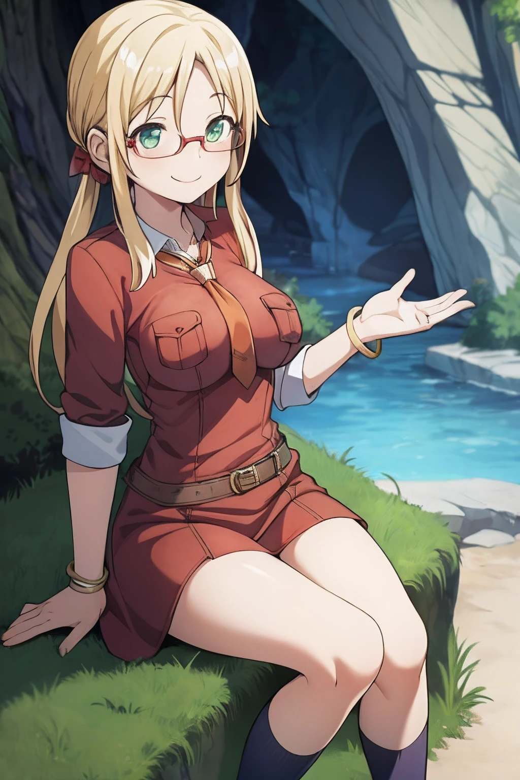 rikomia, sitting, smile, cave, adult, mature female, milf, smile, european dress, sleeves, tie, red shirt, bracelet, socks, ((tall)), ((medium breast)), belt,