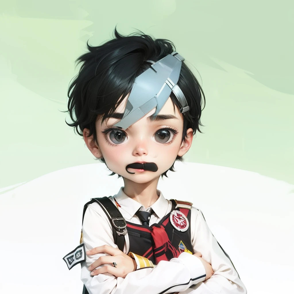 a age boy wearing a uniform and black hair