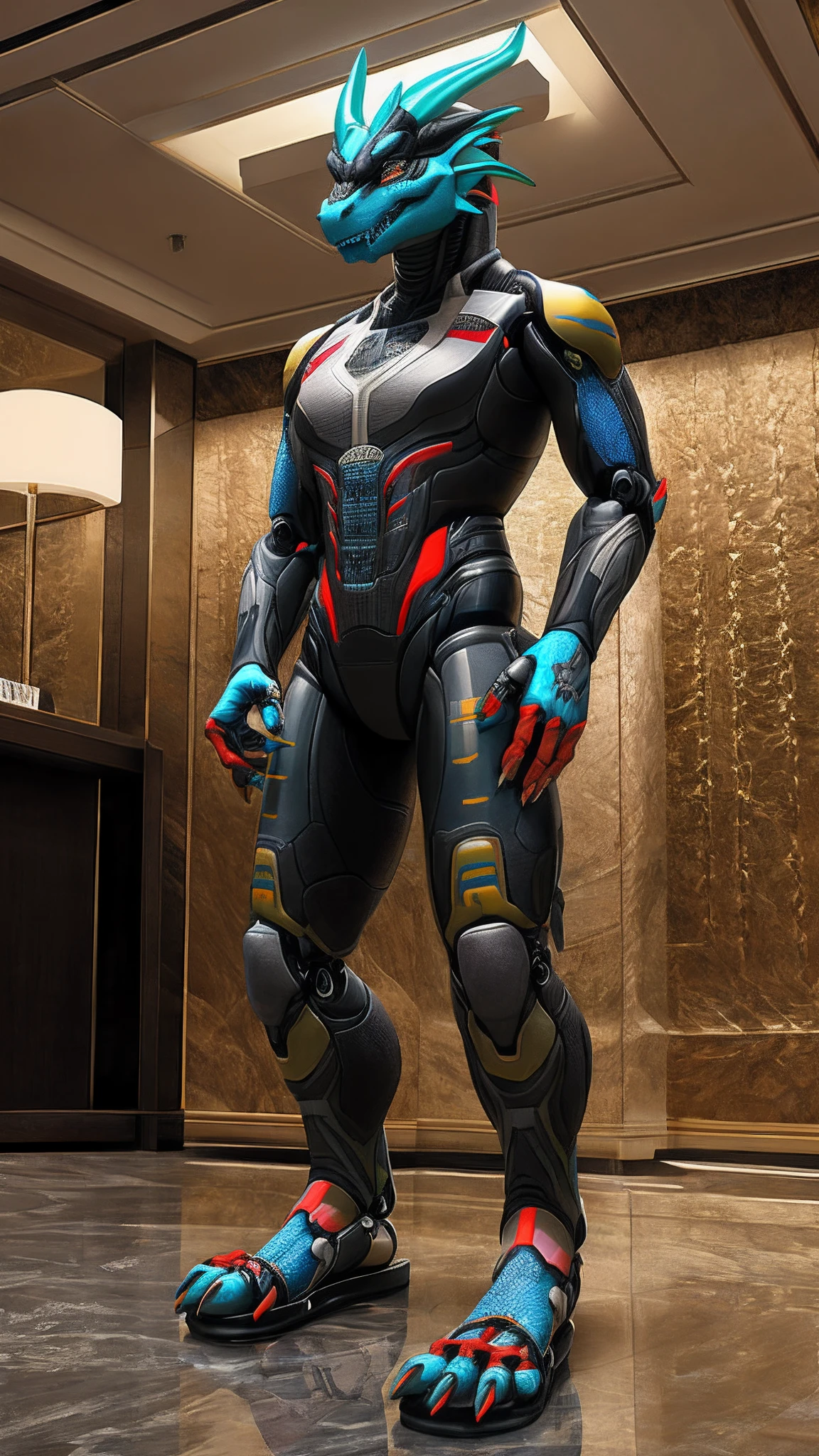 Bionic robot dragon,female,Android,Red Lingeri,sandals,Standing in a hotel and drinking,HD graphics,Detailed and realistic,high detal,high qulity,photo-realistic,photorealistic eye,Detailed paws,Clear eyes,Masterpiece artwork,Five-fingered hands,top-quality,32k,hyper HD