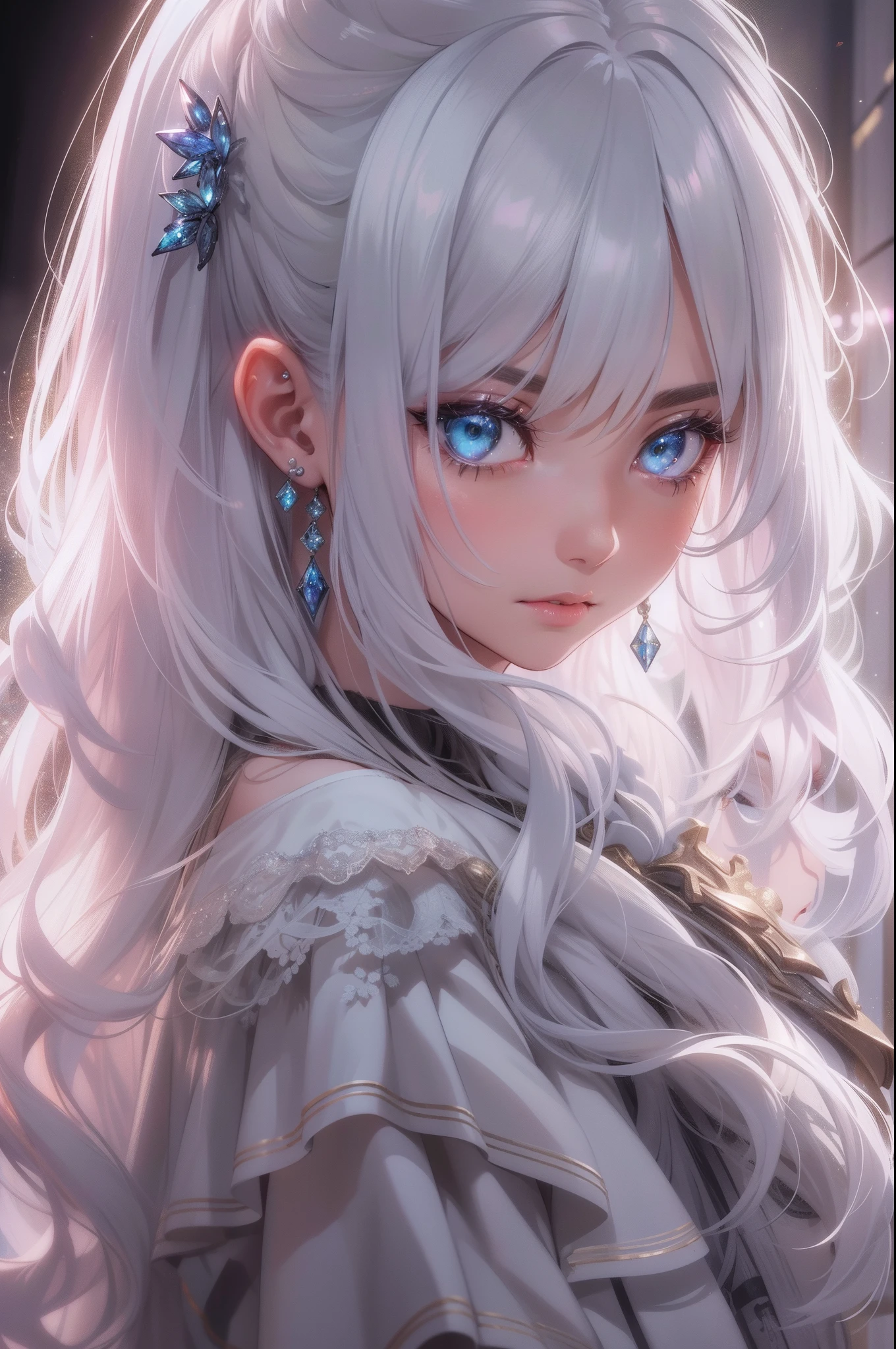 top-quality、8K masterpiece、超A high resolution、(Photorealsitic:1.3)、RAW photo、1 rapariga、silvery white hair、glowy skin、globalillumination、8K、highly intricate detail、Realistic light、CGSoation trends、Beautiful eyes、Radiant eyes、Facing the camera、neon light detail