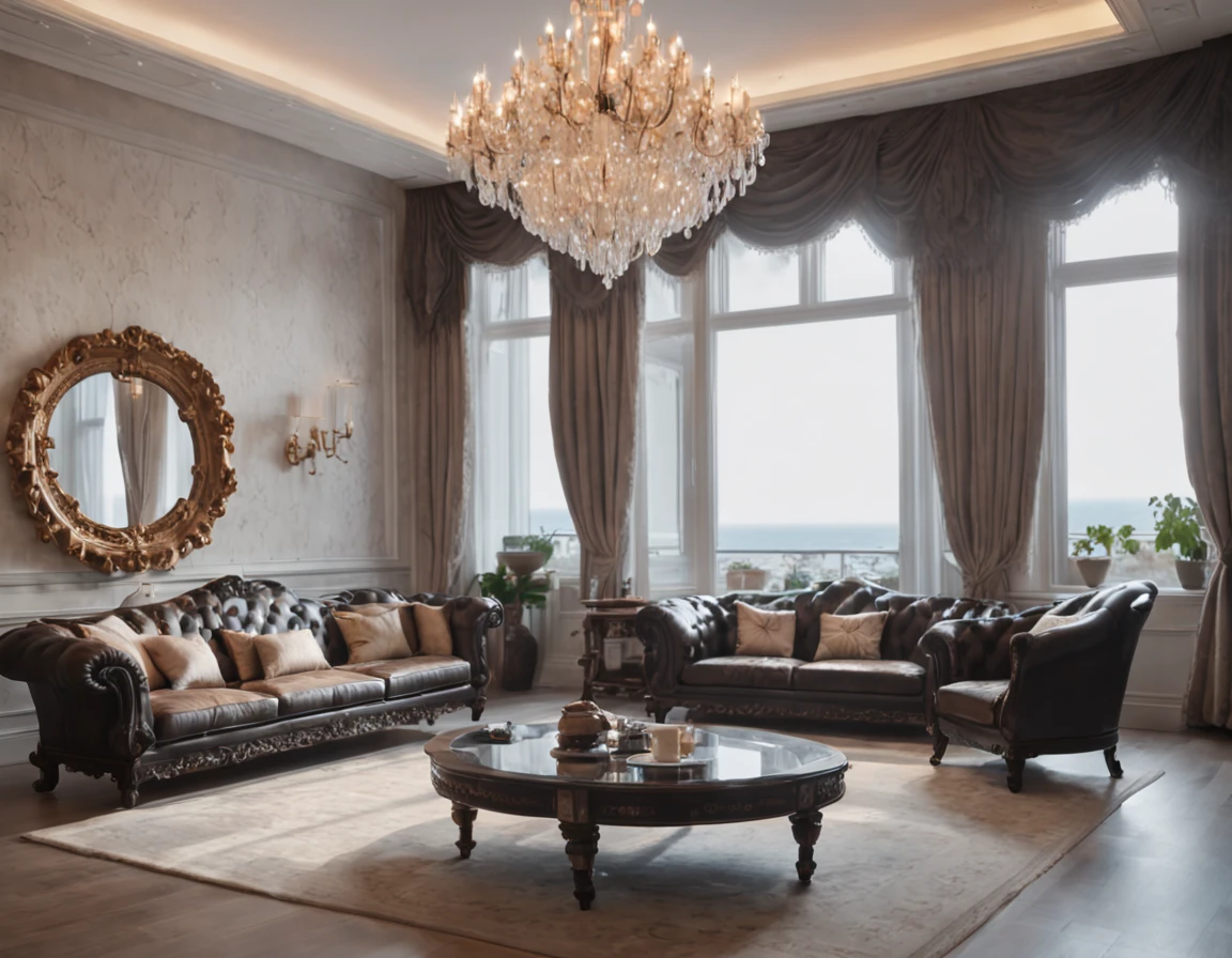 The black-haired man sits on a leather sofa with his back,I was watching a TV program intently,Spacious and bright living room,A floor-to-ceiling window offers stunning beach views。Chandeliers hang in the air,Illuminates the marble floor。The picture is realistic,It gives a shock of wide-angle visual effects。