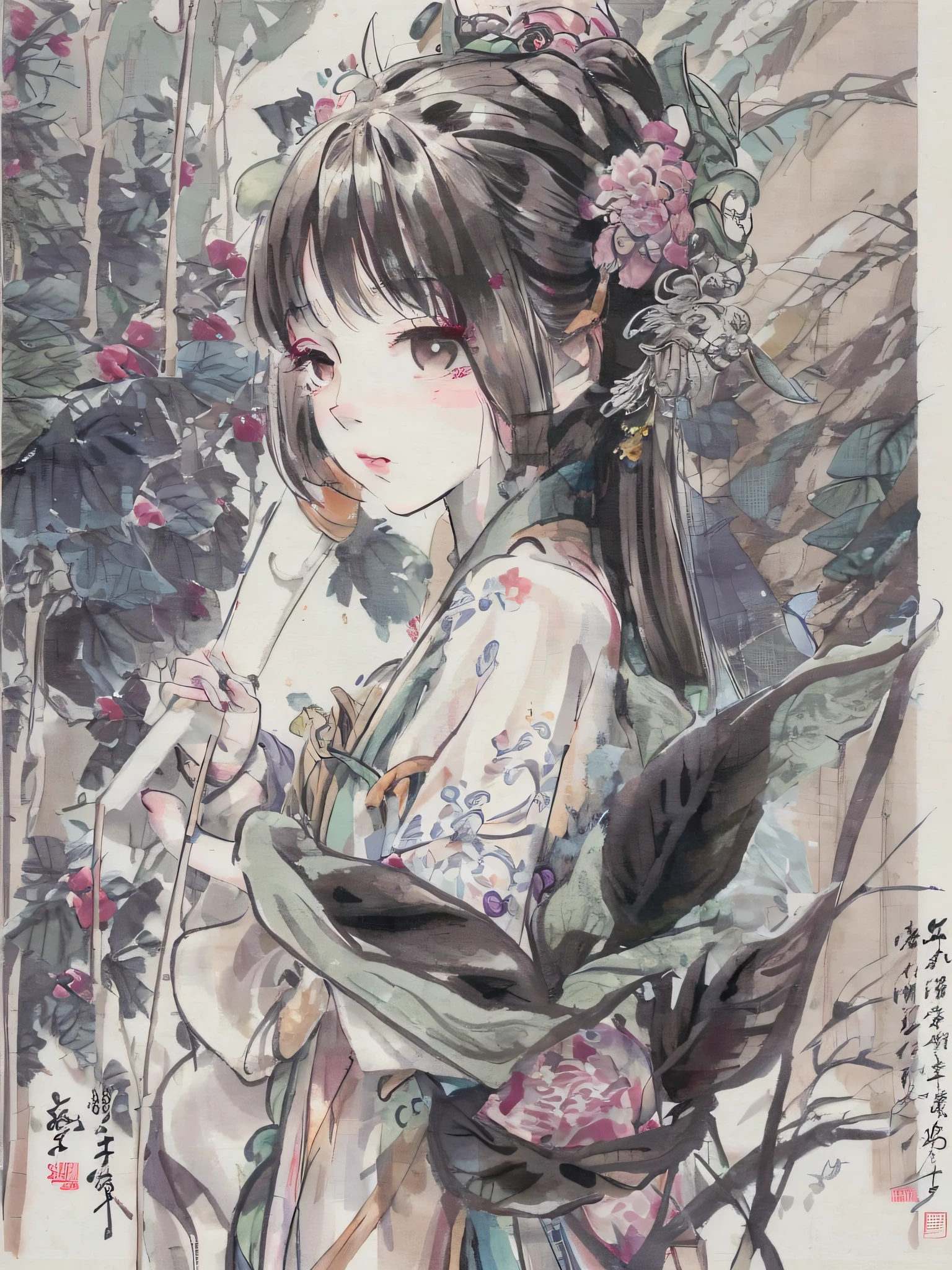Yuen Jiahao，(bamboo0.1)，best quality,highly detailed,masterpiece,ultra-detailed,illustration,hair_flower,{flower ribbon}，