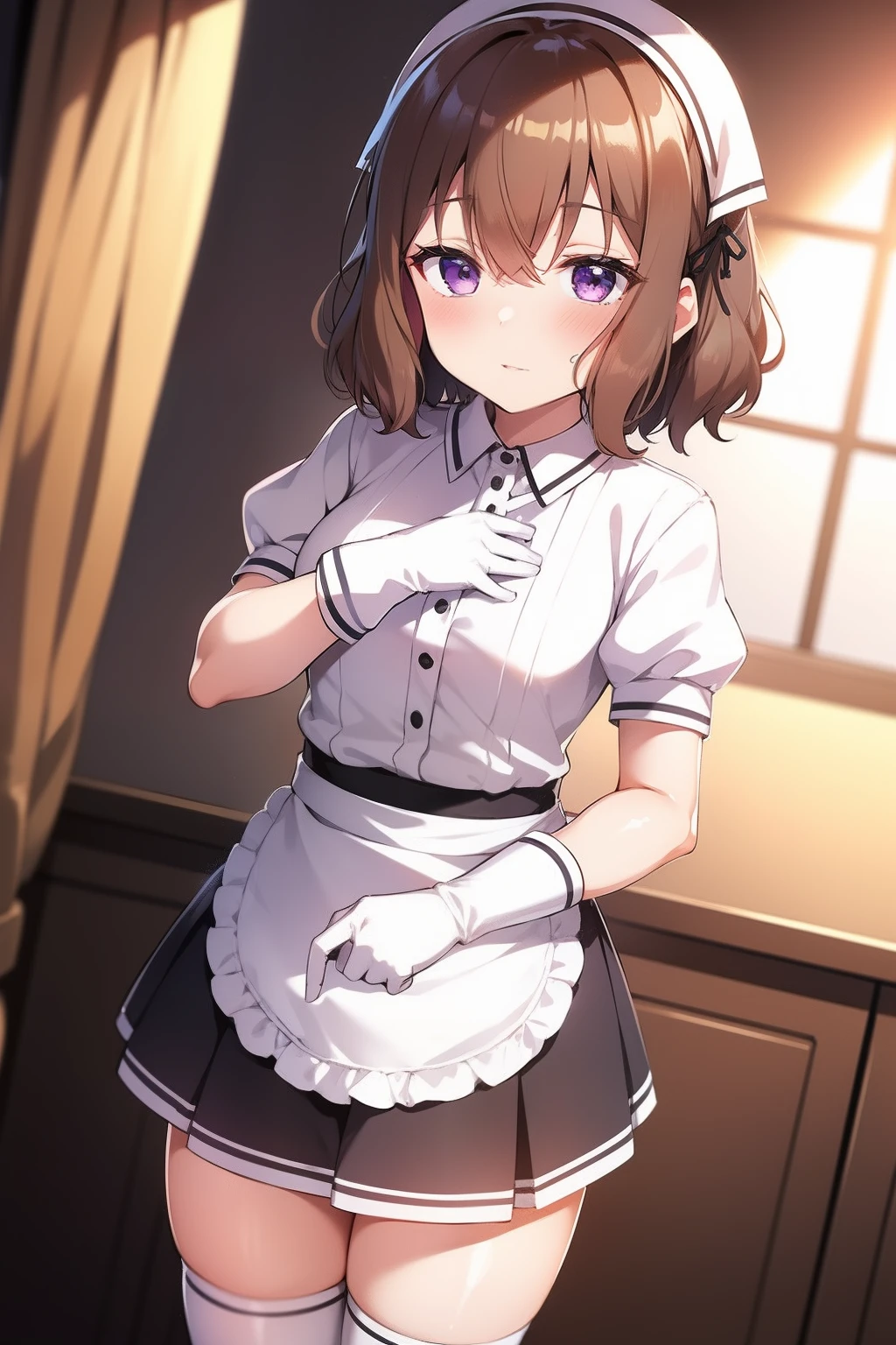 1girl, blend_s, blush, brown_hair, chair, commentary_request, dutch_angle, gloves, hair_tie, highres, hoshikawa_mafuyu, indoors, koyuki_(azumaya999), looking_at_viewer, purple_eyes, short_hair, solo, standing, stile_uniform, table, v, waitress, white_gloves