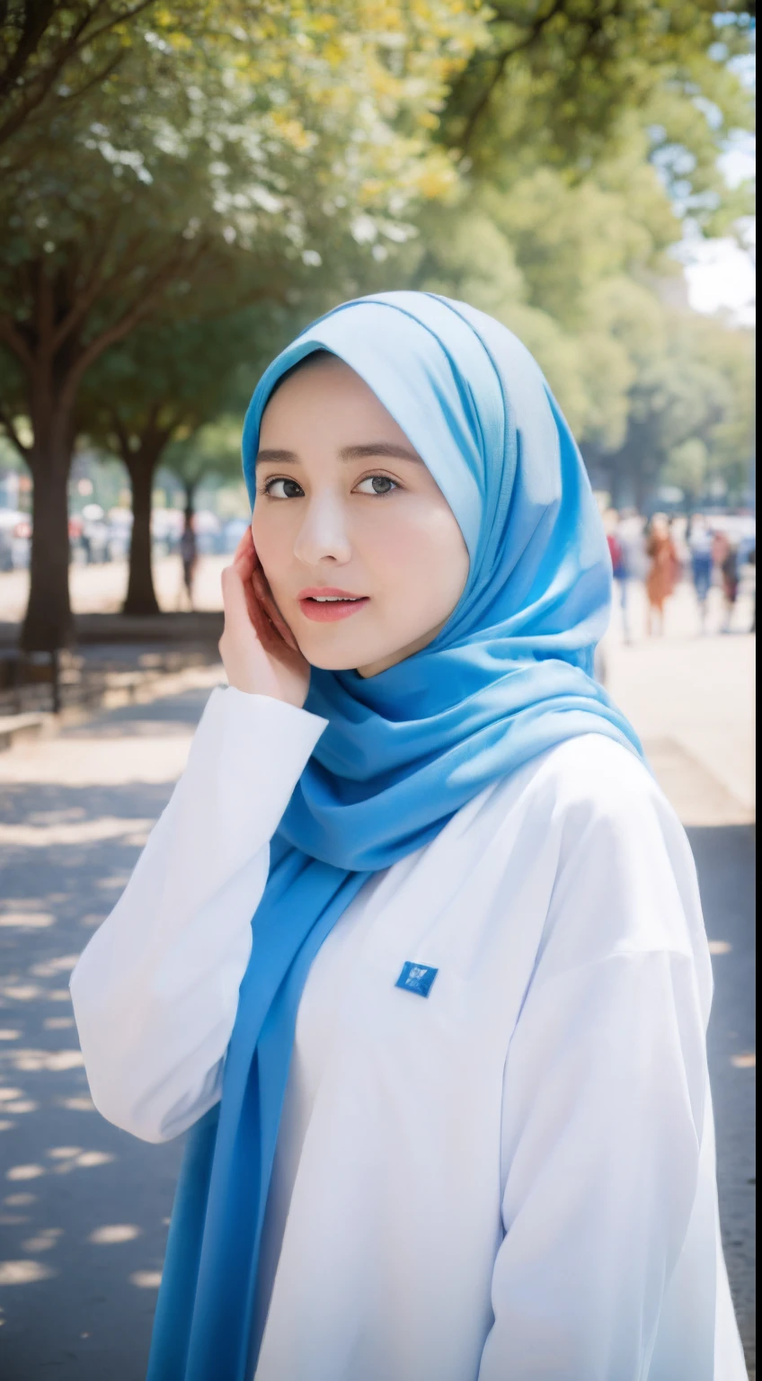 Araffe women,((Best Quality, 8k, Masterpiece:1.3))),1Girl, Solo, Full Body photoshoot, selfie:1.3, Beautiful Woman with Perfect Figure, wearing hijab, Blue headscarf, Teens, Detailed Eyes, Long White dress, Double Eyelids, outdoor, walking in the park, wearing a sneakers, right hand on cheek, shy expression,