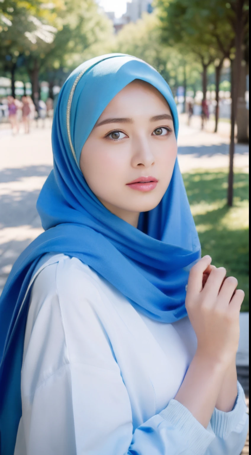 Araffe women,((Best Quality, 8k, Masterpiece:1.3))),1Girl, Solo, Full Body photoshoot, selfie:1.3, Beautiful Woman with Perfect Figure, wearing hijab, Blue headscarf, Teens, Detailed Eyes, Long White dress, Double Eyelids, outdoor, walking in the park, wearing a sneakers, right hand on cheek, shy expression,