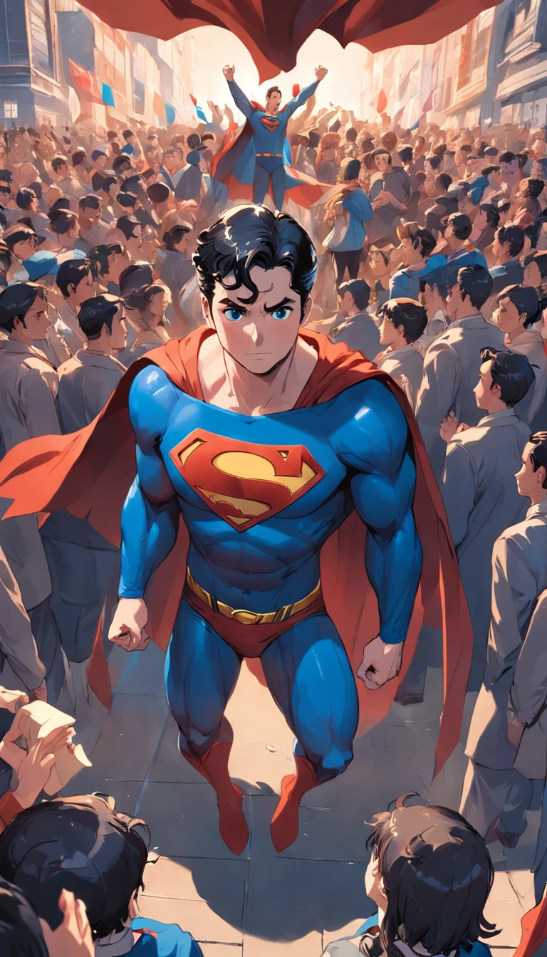 Superman-like people and a group of classmates wearing graduation caps