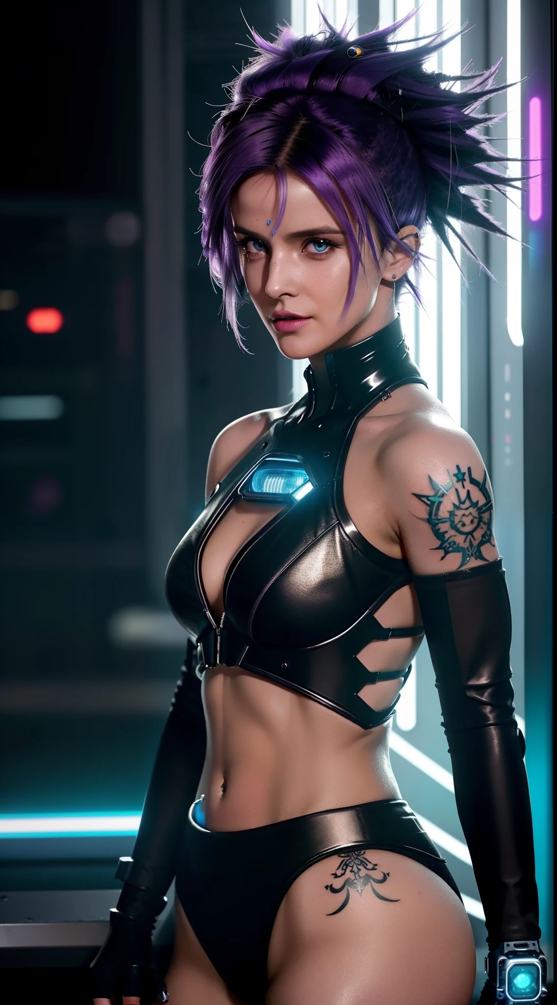 Close up (wonderful and sexy body: 1.2), (half naked: 1.2), (highly detailed: 1.2), (best canon EOS R6 quality: 1.2), (8k: 1.0), (dynamic posture: 1.2), (lots of large black tattoos on the head, open cybernetic head showing the inside, detailed open face, hyper detailed eyes 1 .2 ), sharp focus (awarding photo: 1.2), (subsurface scattering: 1.1) (an ultra-detailed beautiful cyborg: 1.2), (Highly detailed punk-style mohawk hair: 1.2), Neon glow, (Detailed cybernetic eyes: 1.1), (Hyperrealistic: 1.2), RPG, CyberPunk 2077 style, Dramatic lighting (Highly detailed futuristic cityscape: 1. 2), (Science Fiction: 1.2), Professional Photography, by wlop greg rutkowski jeffrey simpson alphonse mucha. Purple hair, Neha Dhupia, navel pierced, nose ring