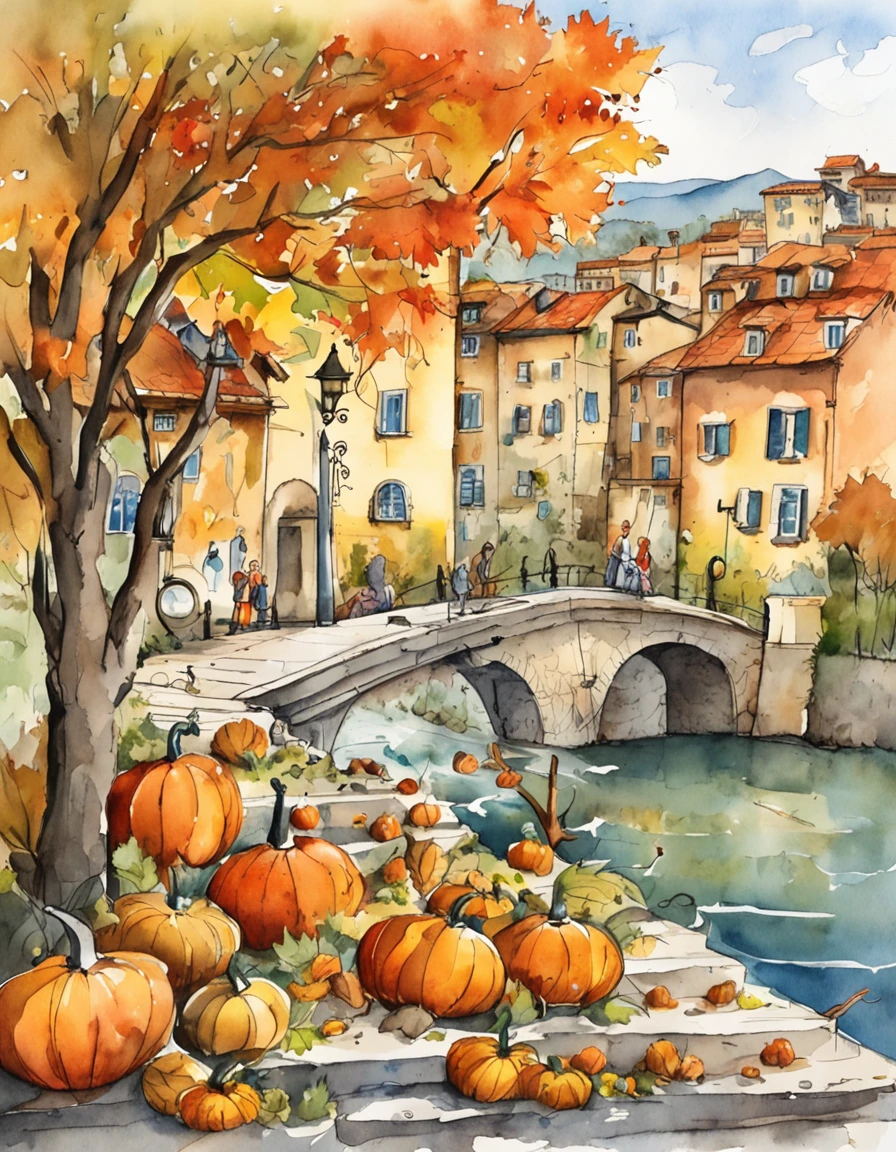 an illustration of a city with lots of colorful leaves, italia, lake, florence, in the style of vivid comic book artist, fall, pumpkins, jack o lantern, pumpkin spice, the new york school, robert munsch, conceptual street art, cinestill 50d, naturalistic depictions of flora and fauna, playful cartoons
