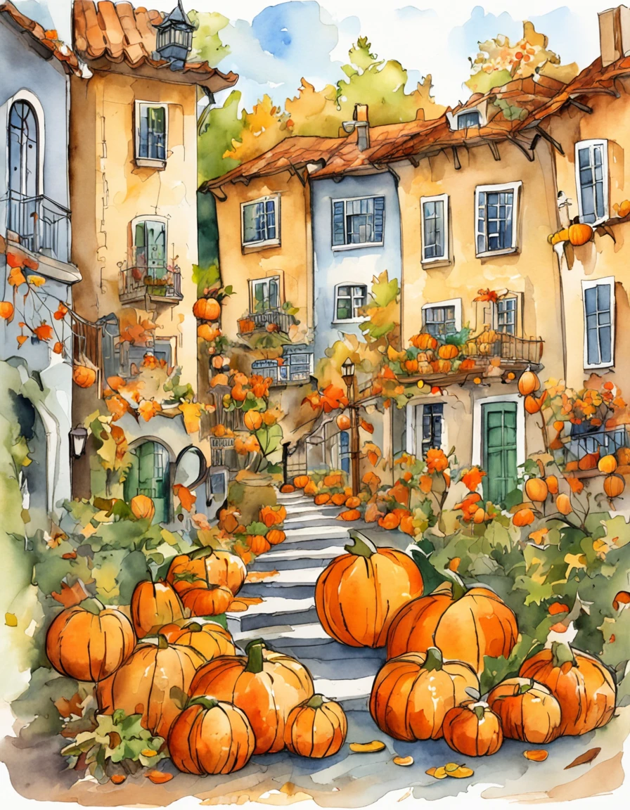 an illustration of a city with lots of colorful leaves, italia, lake, florence, in the style of vivid comic book artist, fall, pumpkins, jack o lantern, pumpkin spice, the new york school, robert munsch, conceptual street art, cinestill 50d, naturalistic depictions of flora and fauna, playful cartoons