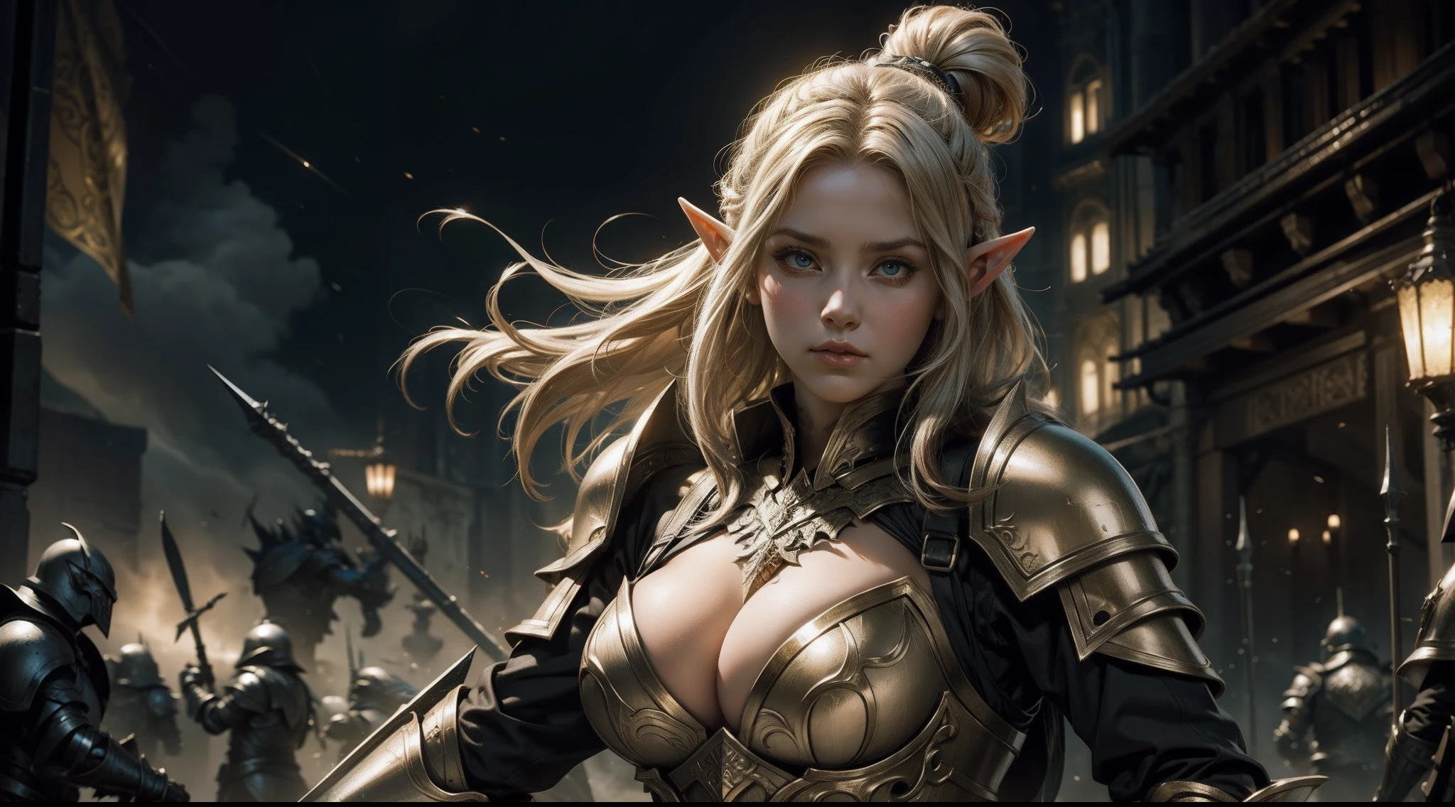Female elf,Large breasts,Heavy armor,complex patterns,The background is the battlefield,Fighting posture,Mid-range portrait