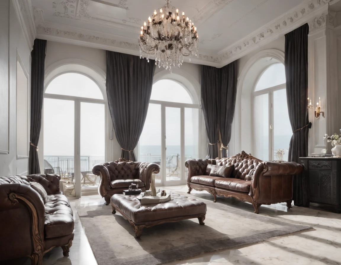 The black-haired man sits on a leather sofa with his back,I was watching a TV program intently,Spacious and bright living room，A floor-to-ceiling window offers stunning beach views。Chandeliers hang in the air，Illuminates the marble floor。The picture is realistic，It gives a shock of wide-angle visual effects。