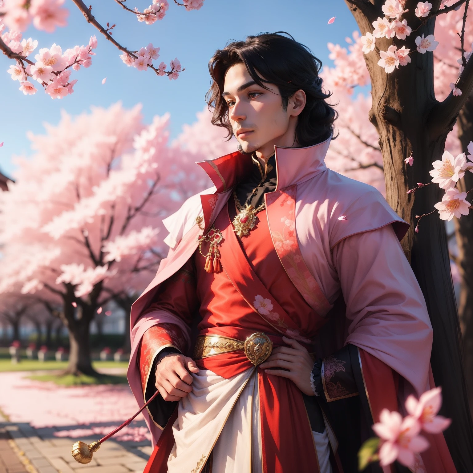 "Prince of spring with vibrant cherry blossoms, captivating aura, and regal attire."