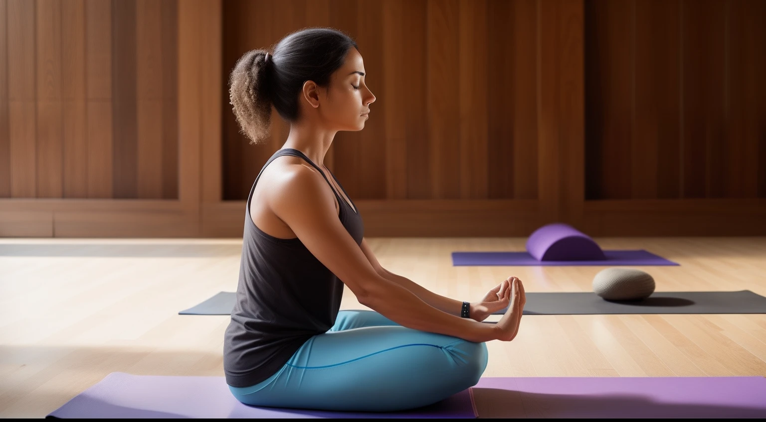 A person practicing meditation or yoga, in a state of concentration.