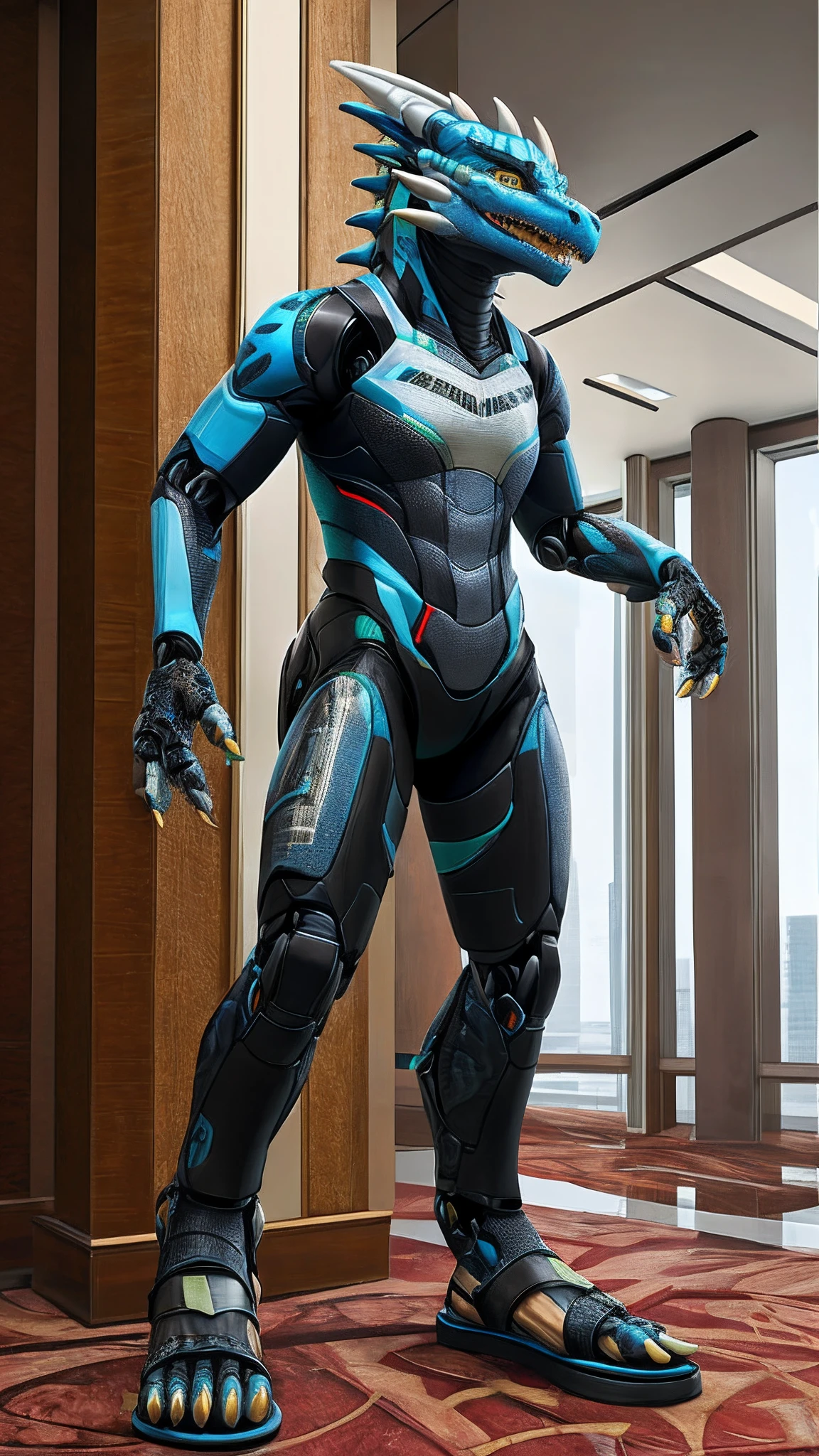 Bionic robot dragon,female,Android,Red Lingeri,sandals,Being tied up in a hotel,HD graphics,Detailed and realistic,high detal,high qulity,photo-realistic,photorealistic eye,Detailed paws,Clear eyes,Masterpiece artwork,Five-fingered hands,top-quality,32k,hyper HD