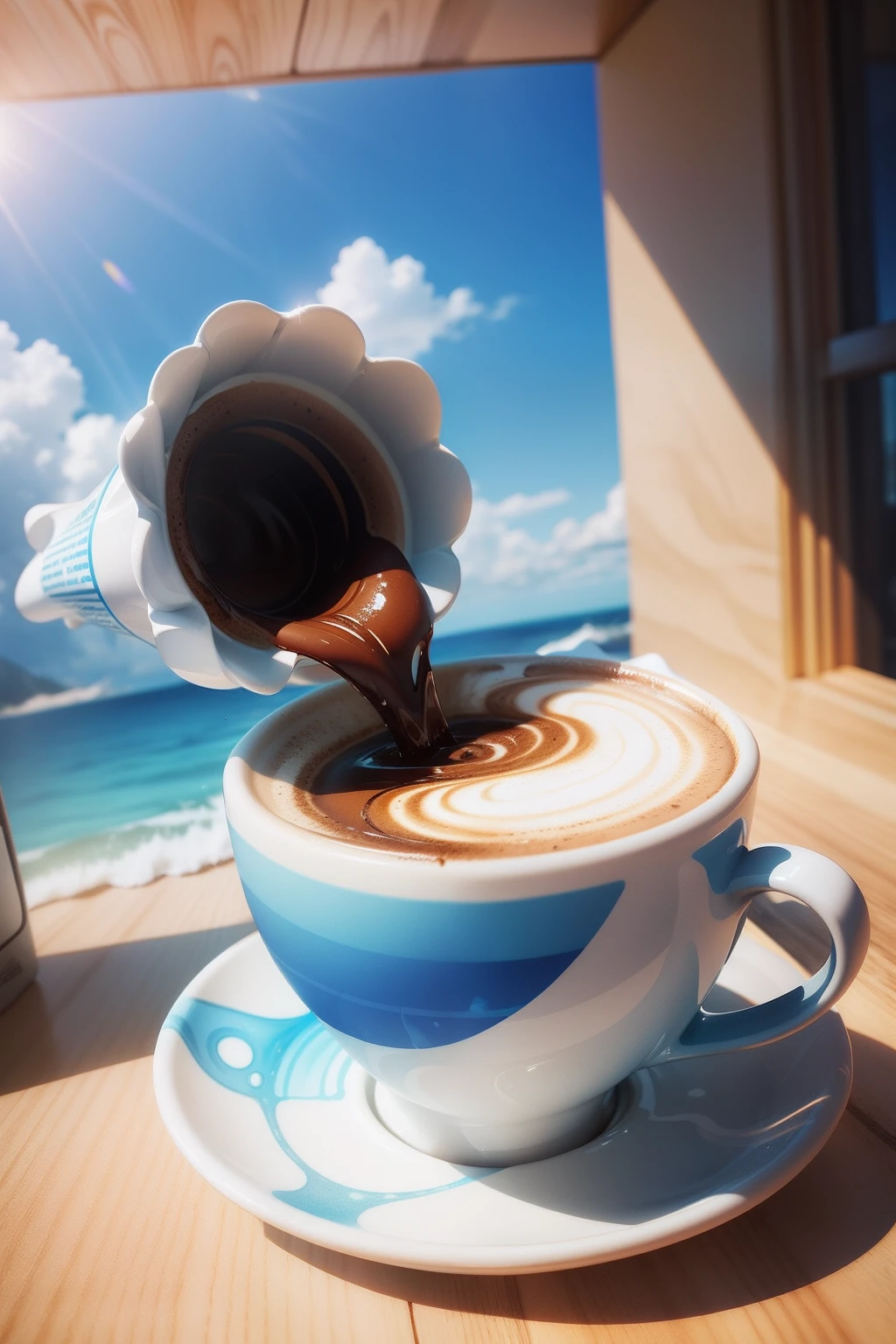 "/In a coffee cup,The swirling coffee slowly rises,Blend in with the blue sky,Sunlight shines down from the right,Presents a three-dimensional 3D effect。"
