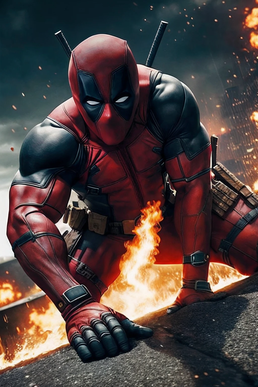 (papel de parede 8k extremamente detalhado), a photo of Deadpool in an action environment, extremamente realista e detalhado, cinematic picture