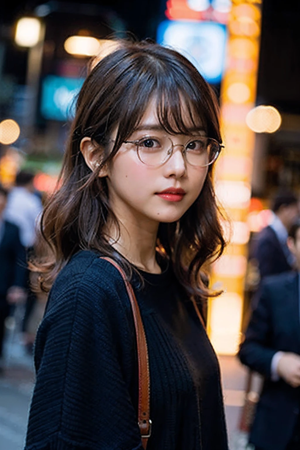 (8K、Raw photography、top-quality、​masterpiece:1.2)、(realisitic、Photorealsitic:1.37)、ultra-detailliert、超A high resolution、女の子1人、see the beholder、beautifull detailed face、A smile、Constriction、(Slim waist) :1.3)、Chic autumn clothes、Beautiful detailed skin、Skin Texture、Floating hair、((Curly hair, quirky hair, ahoge))、Professional Lighting、In front of the station at night、((Black square glasses ))、Whole human body、Brown hair