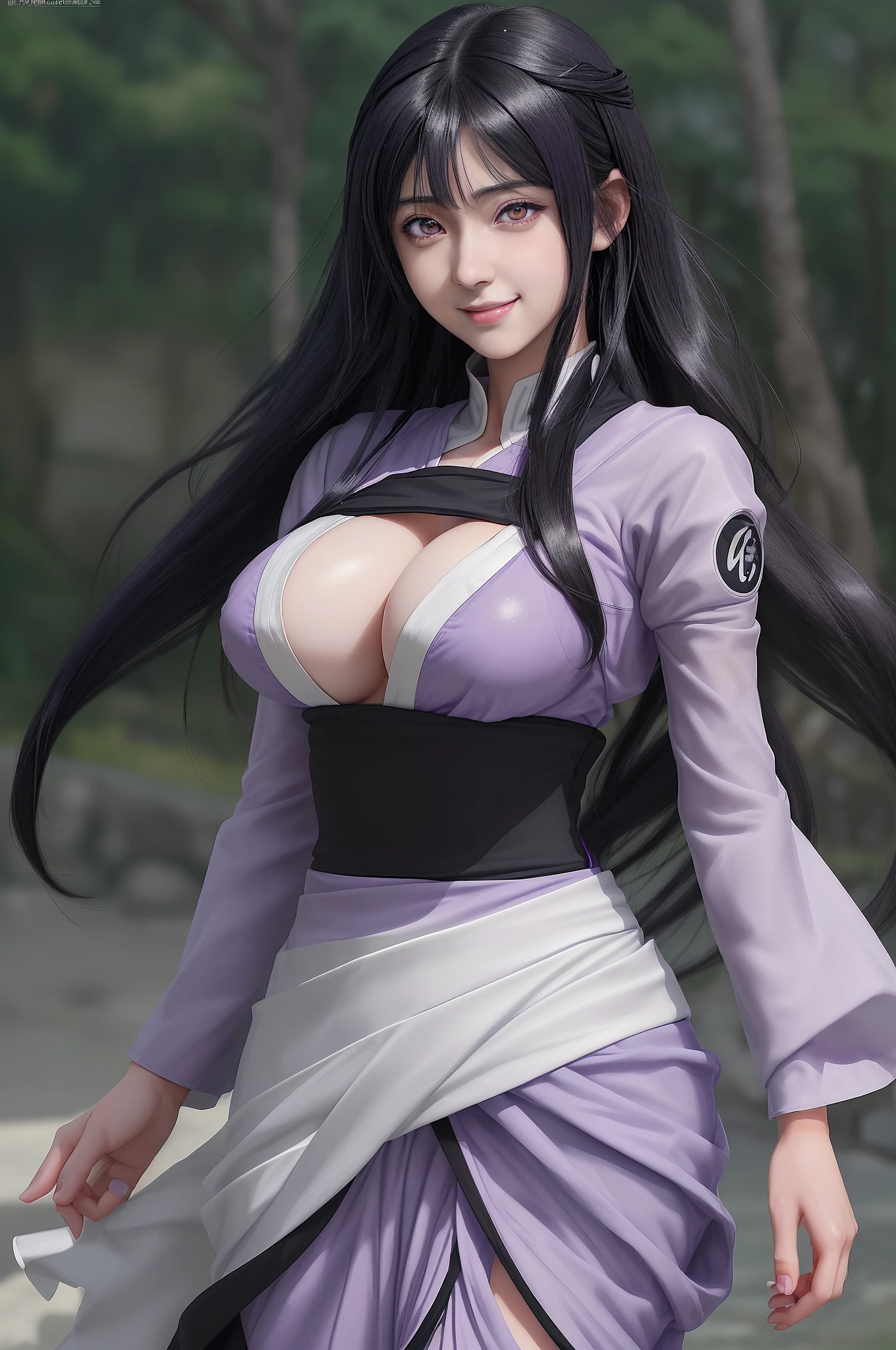 1girl, hyuga hinata in anime naruto, long hair, black hair, white eyes, smile, beautiful, sexy dress, sexy clothes, purple clothes, very big breast, realistic clothes, detail clothes, outdoor background, ultra detail, realistic
