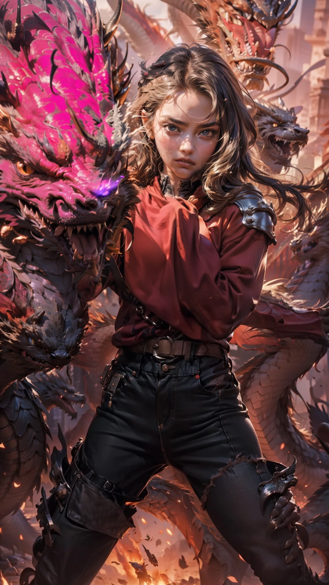 (maximum resolution: 1.2), (Ultra HDTV: 1.2), 8K resolution, Eye and skin detail, detailed facial features, , ( Sharp focus: 1.2), (Focus focus) exact) facial expression: 1.2), Girl standing, On dragons, Pajamas, (long hair), Black hair , Sky, Good luck, Dragons