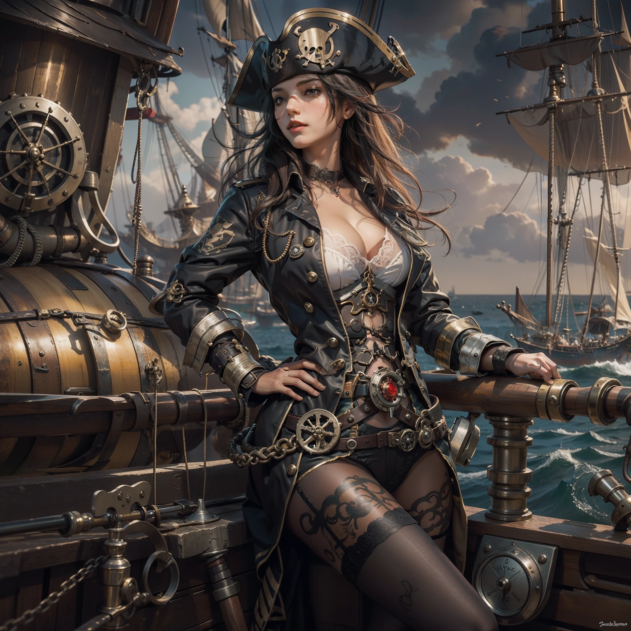 steampunc，Sexy female captain pirate，Sea sailing，The endless sea，storming