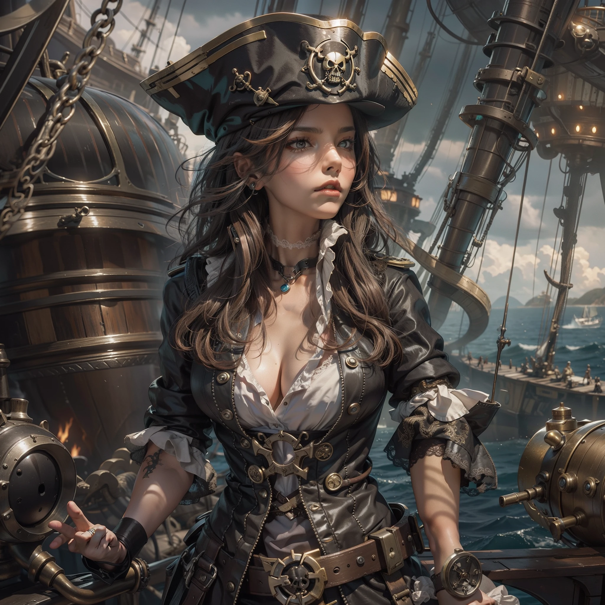 steampunc，Sexy female captain pirate，Sea sailing，The endless sea，storming