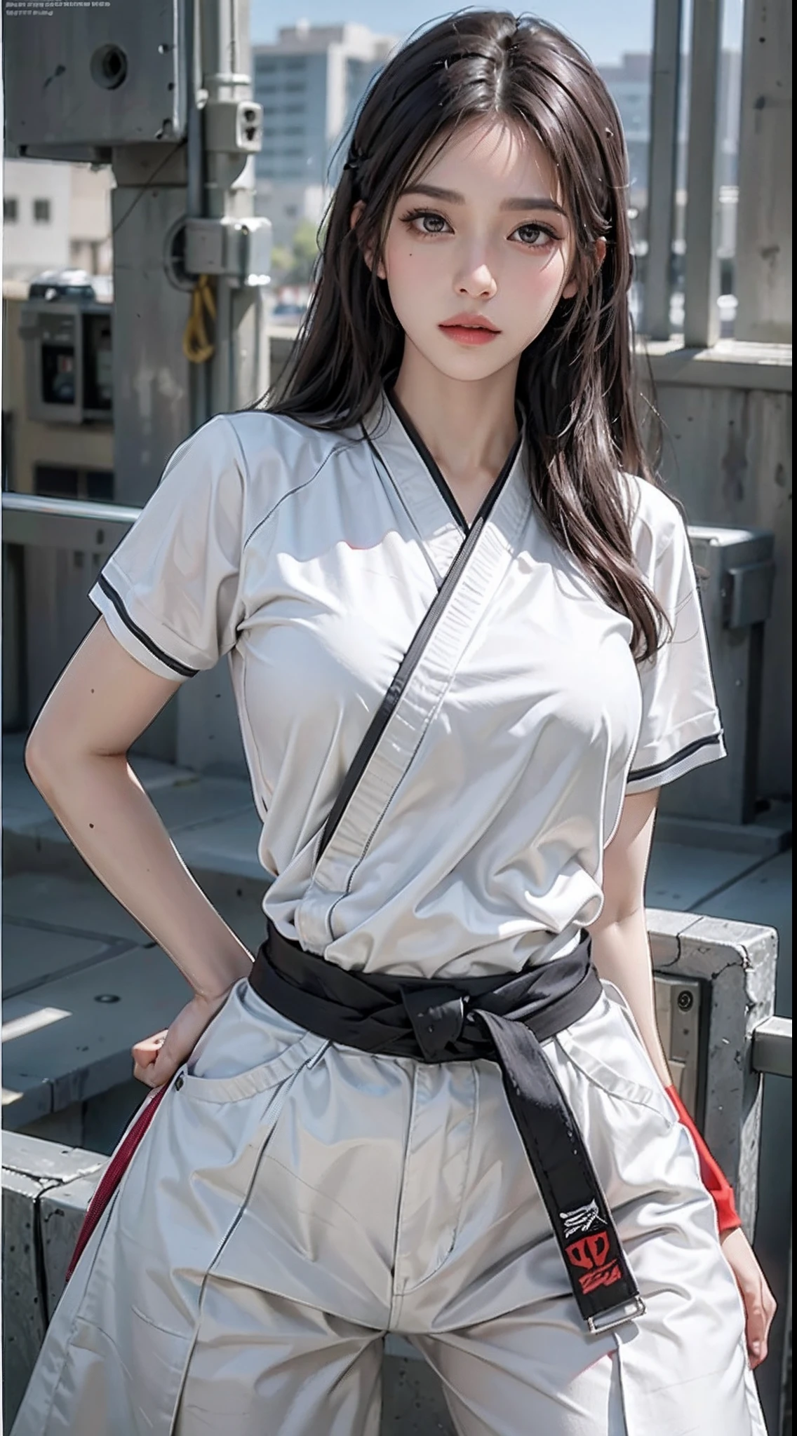 photorealistic, high resolution, soft light,1women, solo, hips up, shining skin, (detailed face), tattoo, karate uniform, black belt,Karategi, full uniform, pants